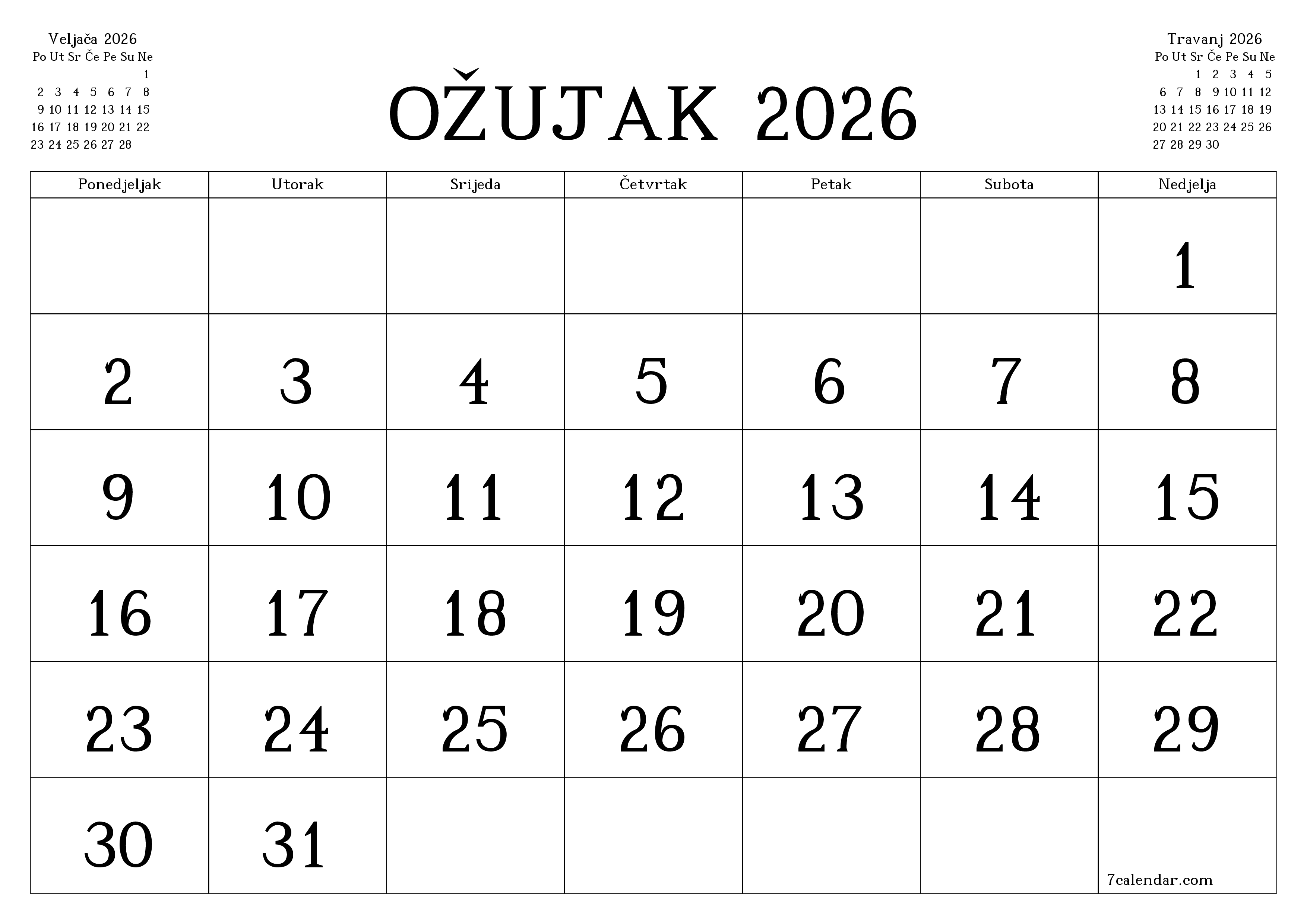 Ispraznite mjesečni planer za mjesec Ožujak 2026 s bilješkama, spremite i ispišite u PDF PNG Croatian