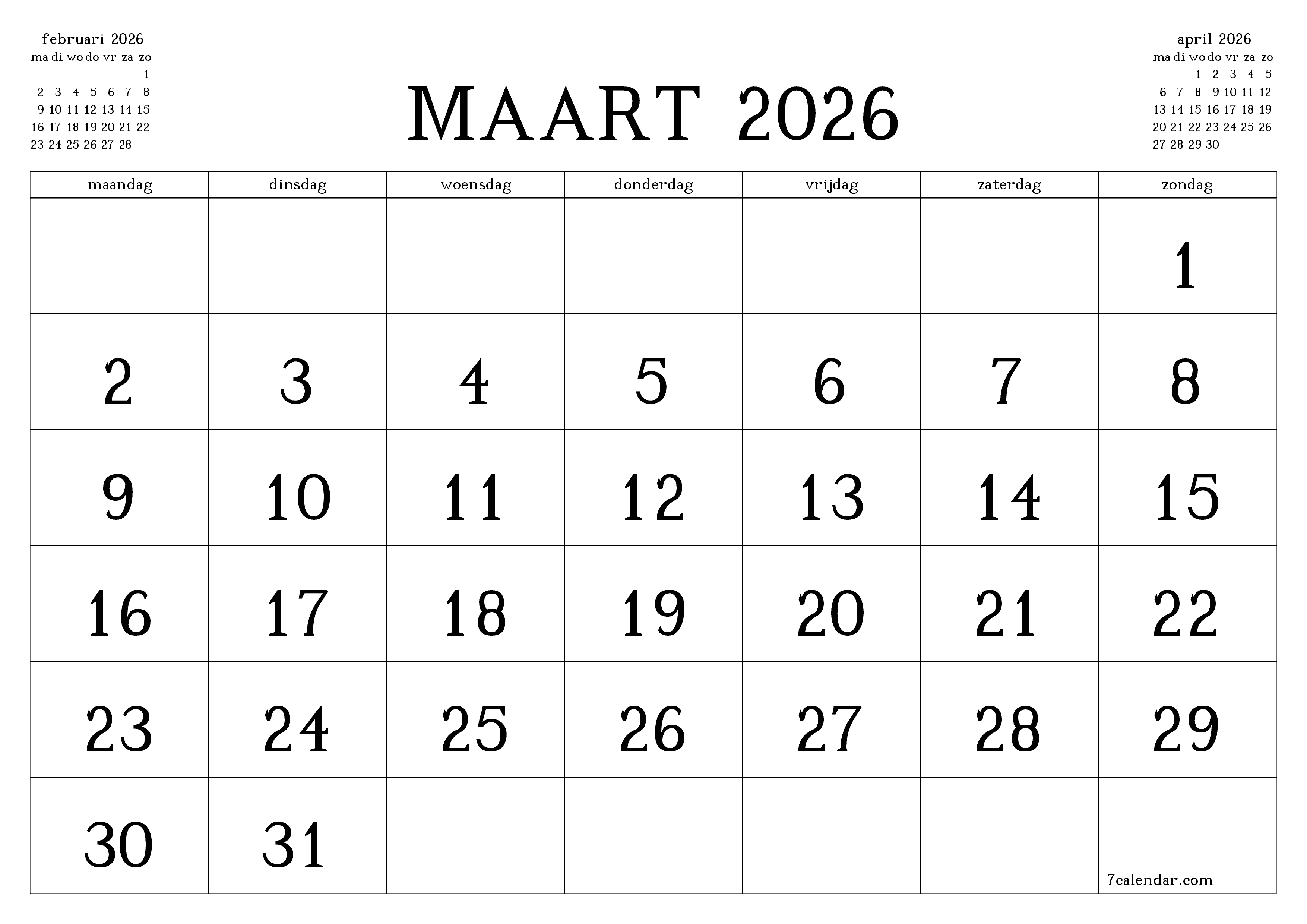 Lege maandplanner voor maand maart 2026 met notities, opslaan en afdrukken naar pdf PNG Dutch