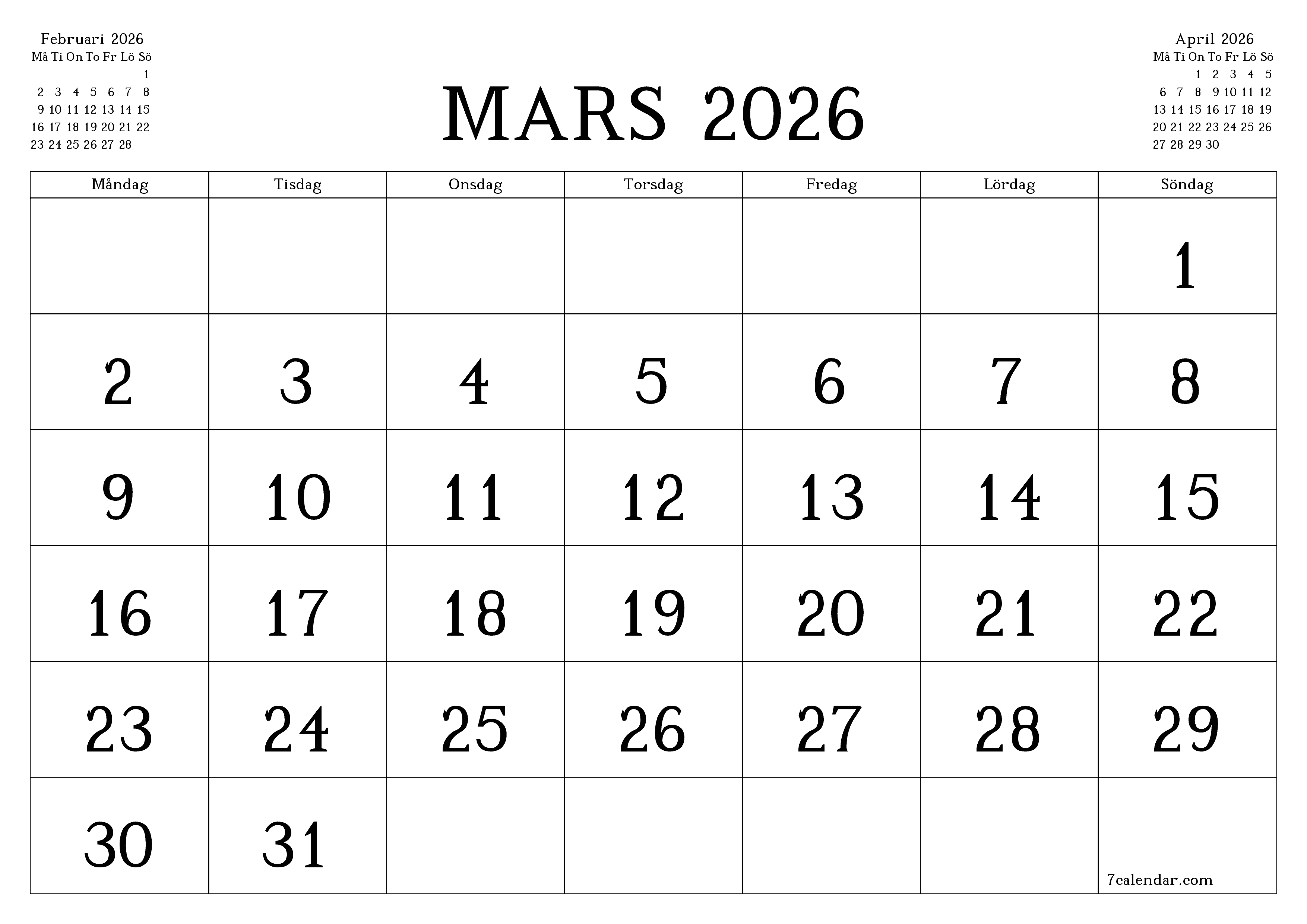 Tom månadsplanerare för månad Mars 2026 med anteckningar, spara och skriv ut till PDF PNG Swedish