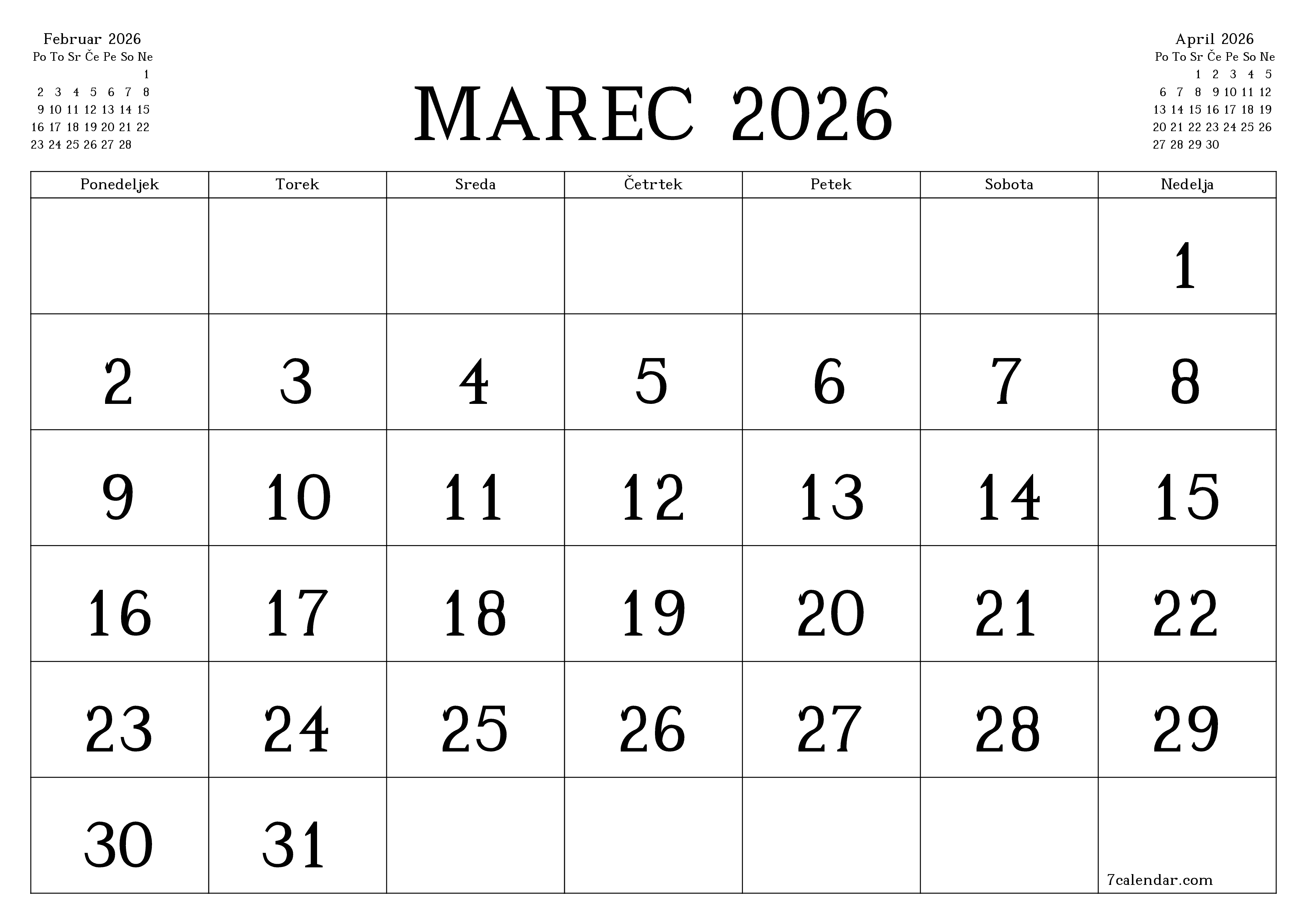 Prazen mesečni načrtovalec koledarja za mesec Marec 2026 z opombami, natisnjenimi v PDF PNG Slovenian