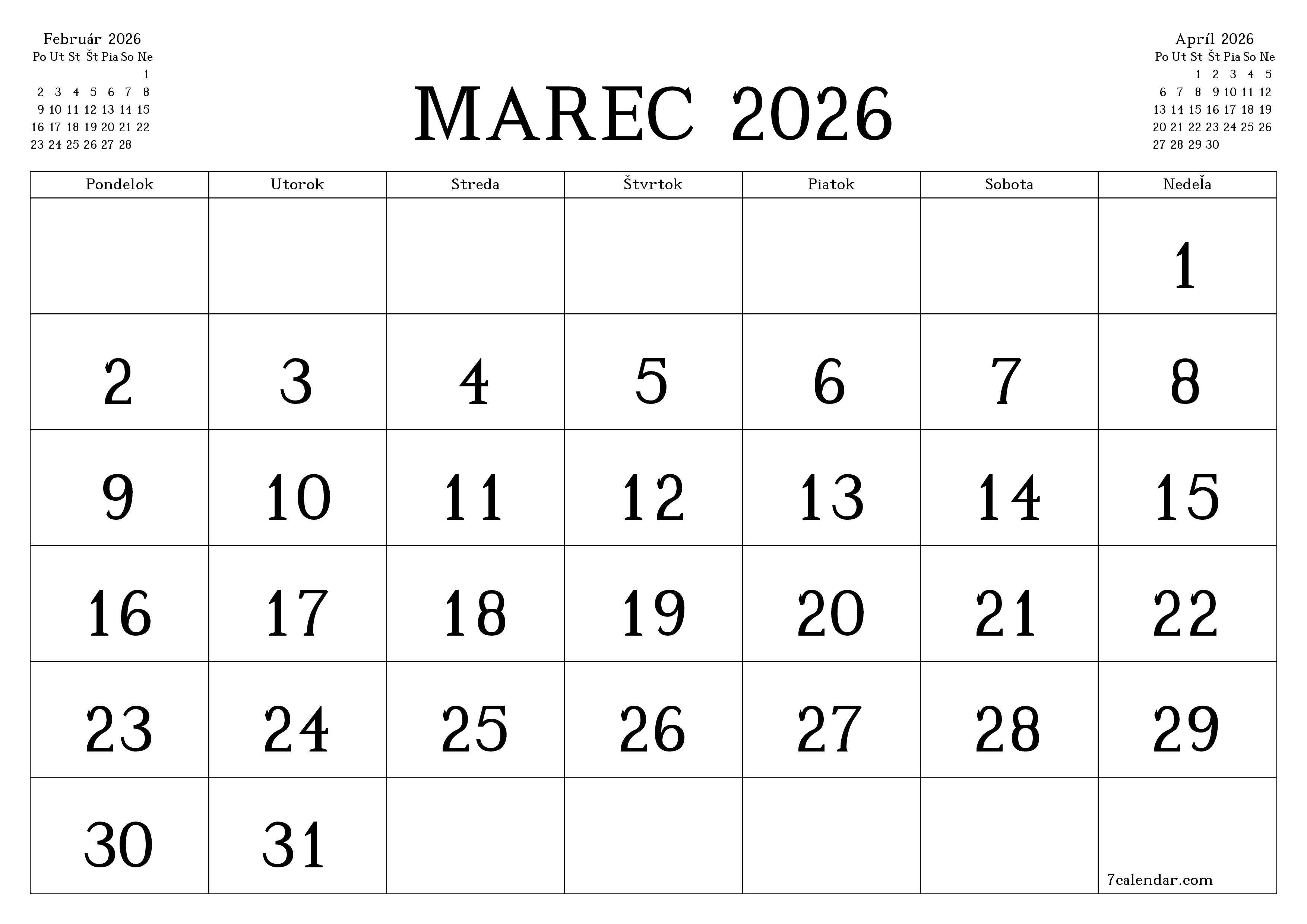 Prázdny mesačný plánovač na mesiac Marec 2026 s poznámkami, uloženie a tlač do PDF PNG Slovak