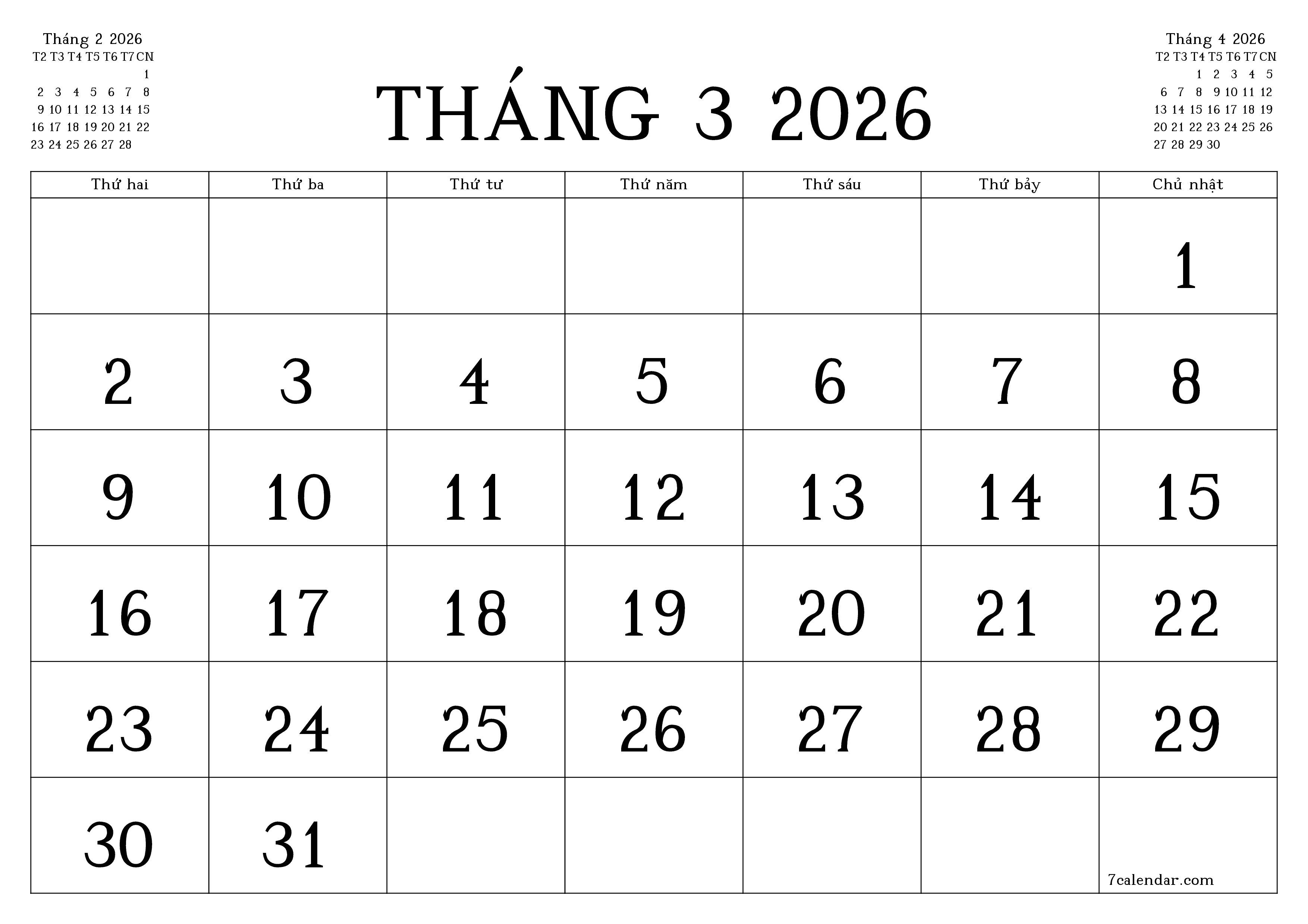 Công cụ lập kế hoạch hàng tháng trống cho tháng Tháng 3 2026 có ghi chú, lưu và in sang PDF PNG Vietnamese