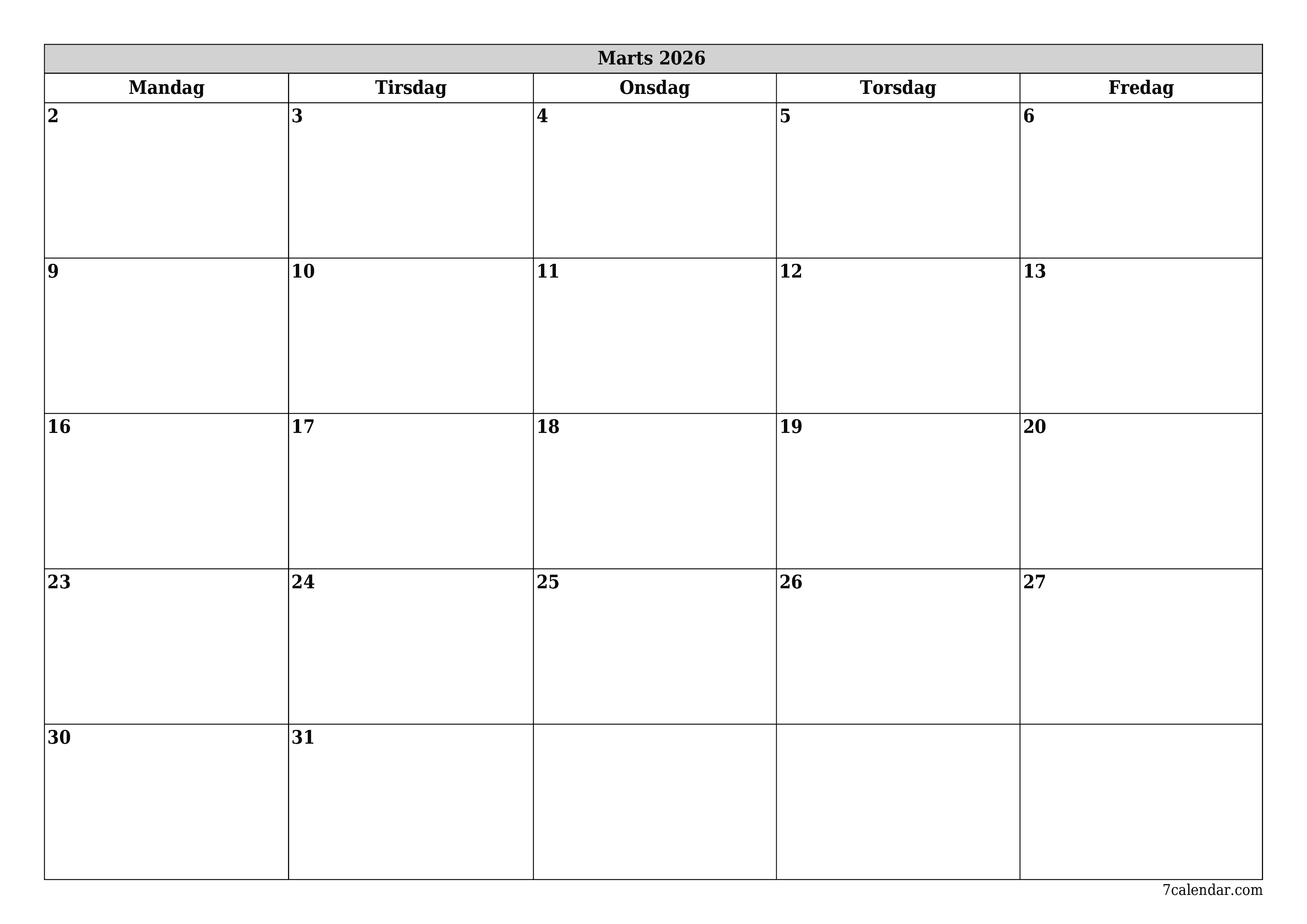 Tom månedlig planlægning for måned Marts 2026 med noter, gem og udskriv til PDF PNG Danish