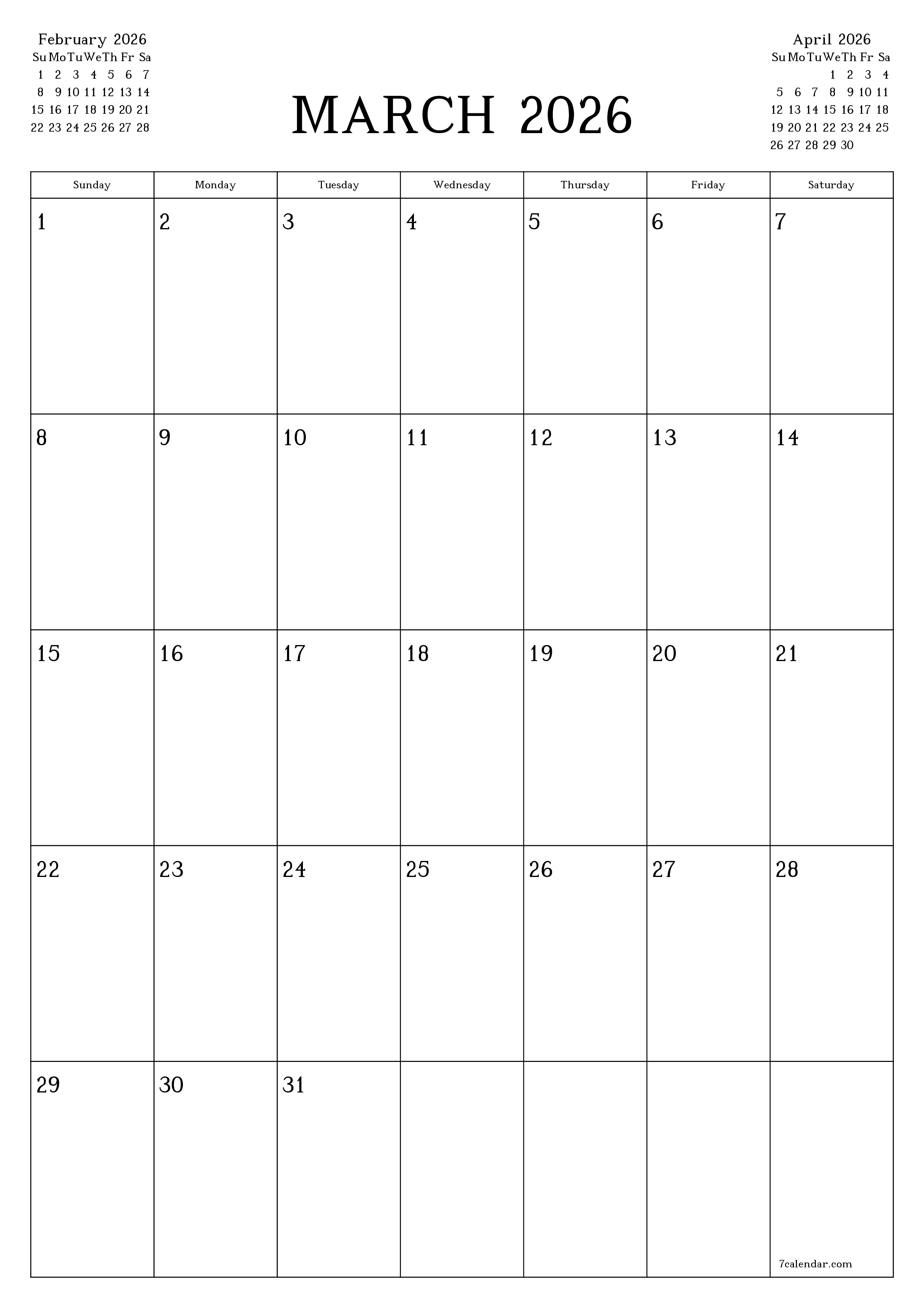 printable wall template free vertical Monthly planner calendar March (Mar) 2026