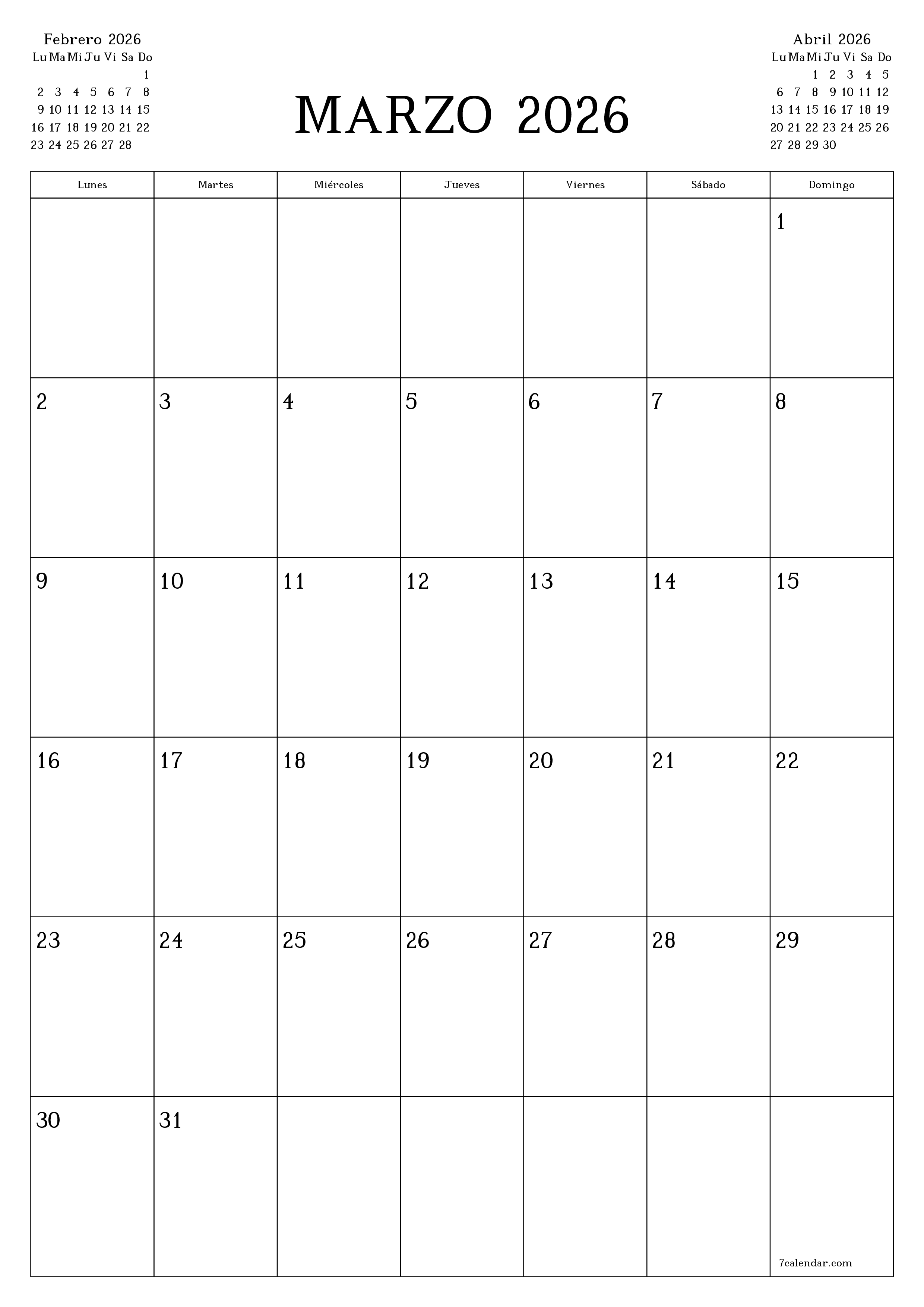  imprimible de pared plantilla de gratisvertical Mensual planificador calendario Marzo (Mar) 2026