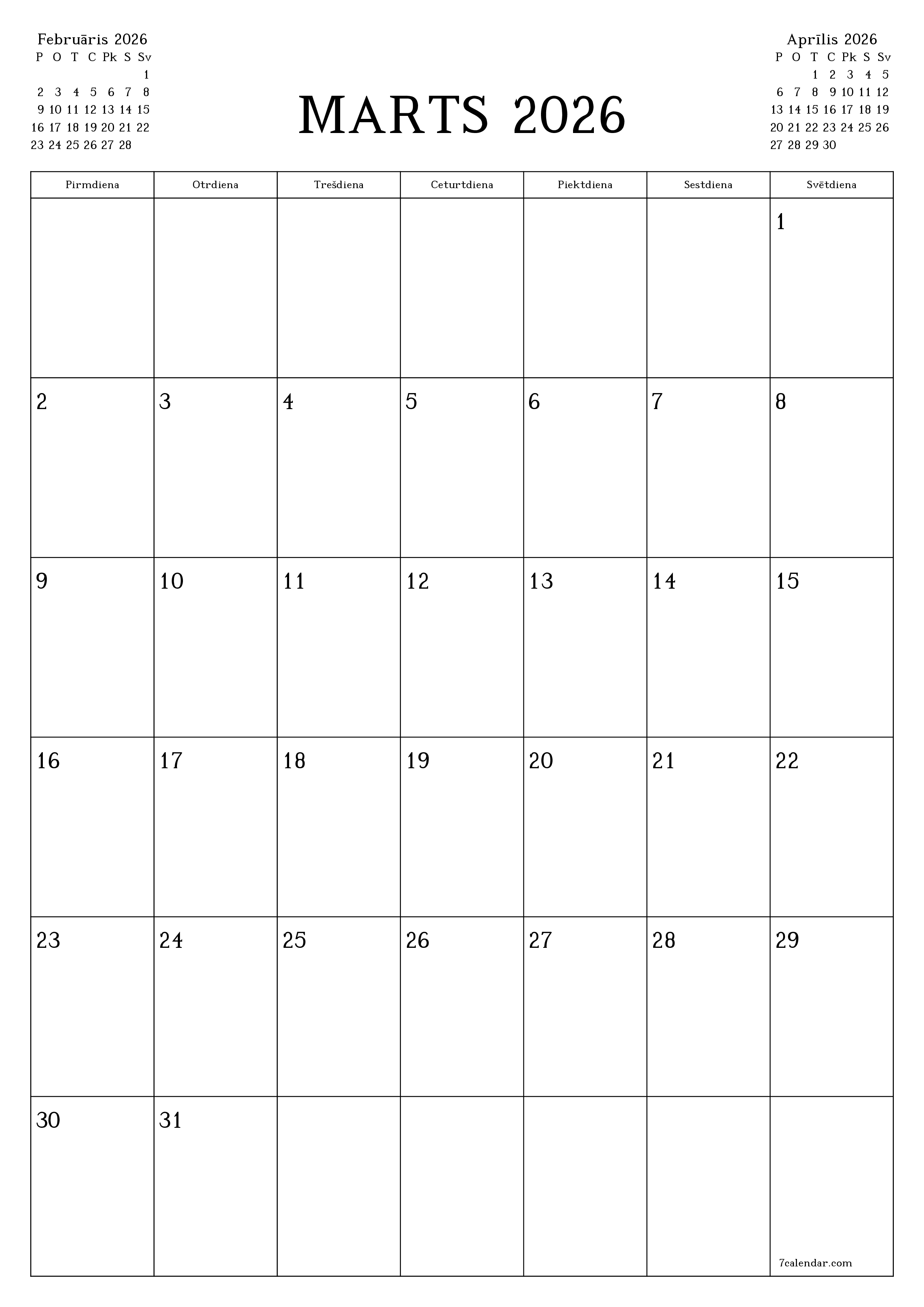 izdrukājams sienas kalendāra veidne bezmaksas vertikāli Mēneša plānotājs kalendārs Marts (Mar) 2026