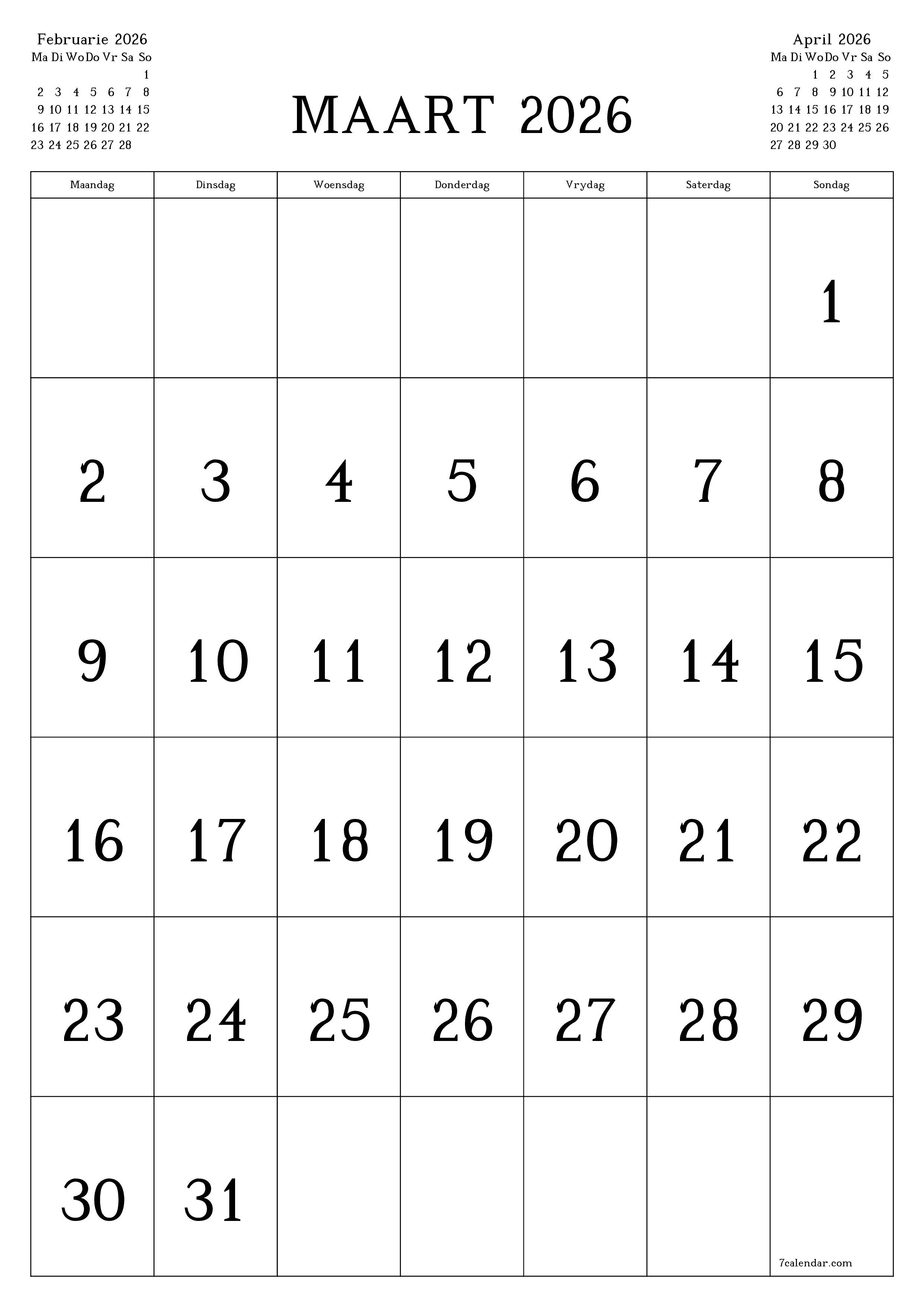 Leë maandelikse drukbare kalender en beplanner vir maand Maart 2026 met notas stoor en druk na PDF PNG Afrikaans