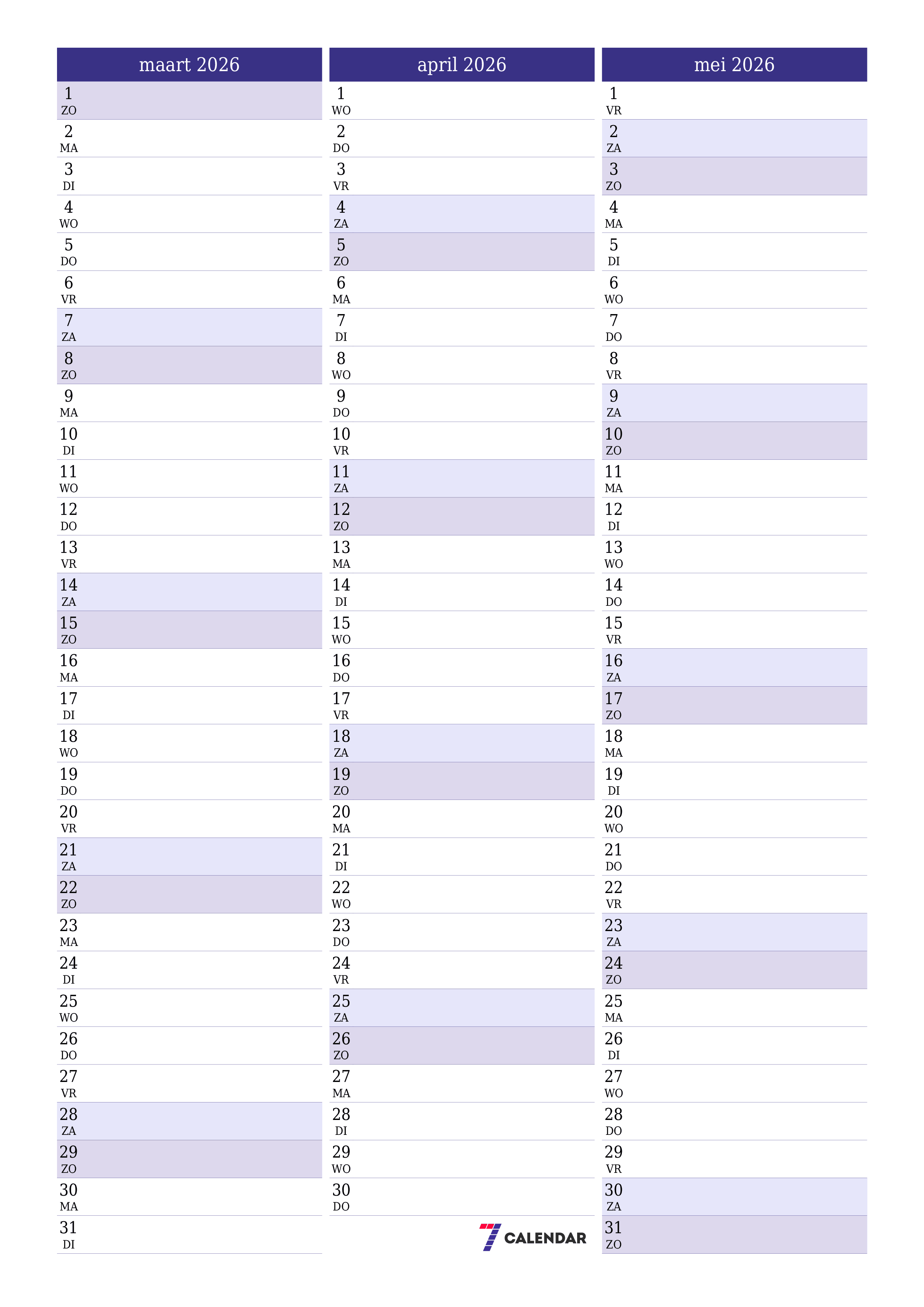 Lege maandplanner voor maand maart 2026 met notities, opslaan en afdrukken naar pdf PNG Dutch