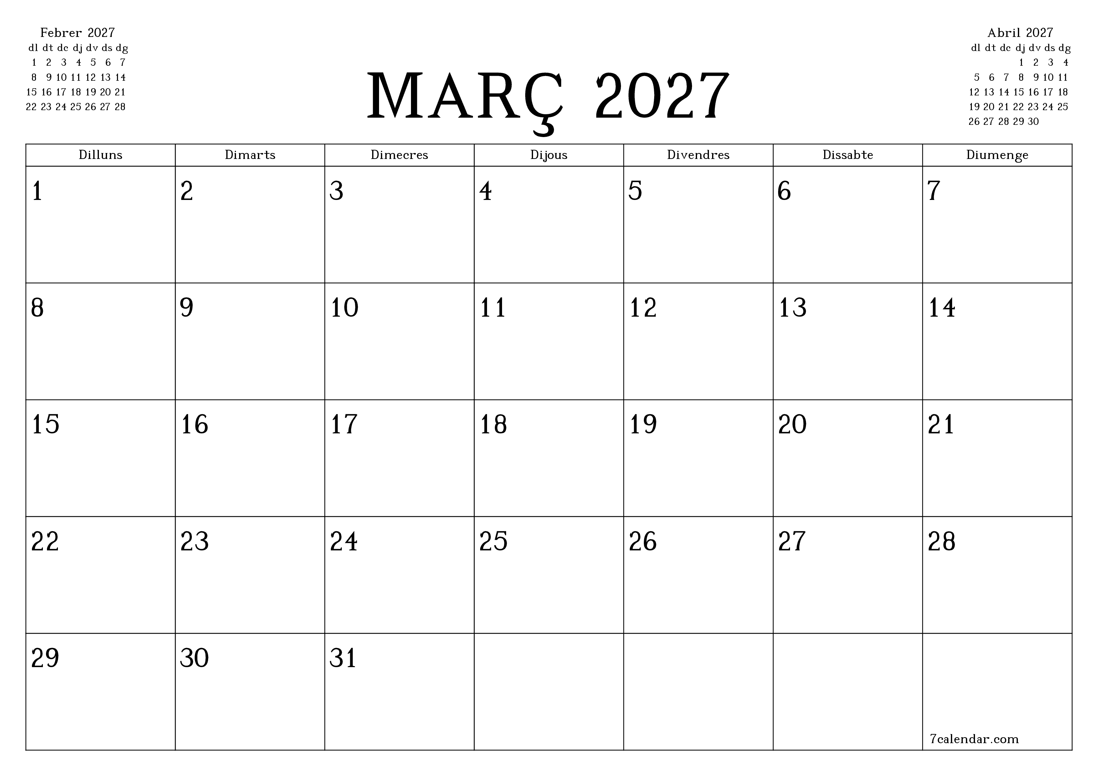 Planificador mensual buit del mes Març 2027 amb notes, deseu-lo i imprimiu-lo en format PDF PNG Catalan