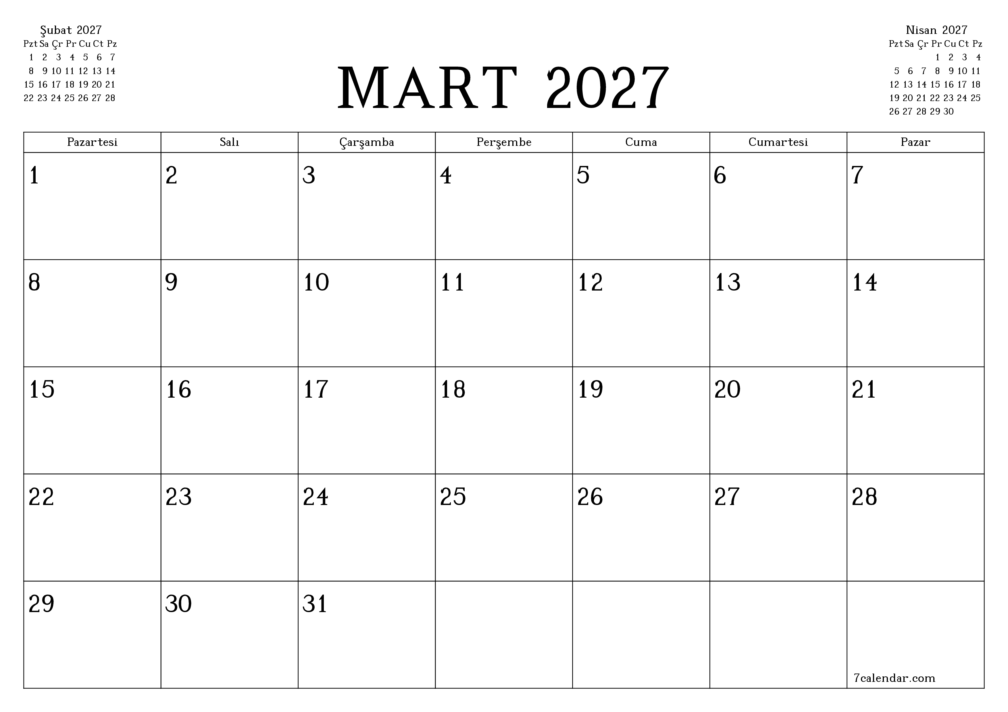Mart 2027 ayı için notlarla birlikte boş aylık planlayıcı, kaydedin ve PDF'ye yazdırın PNG Turkish