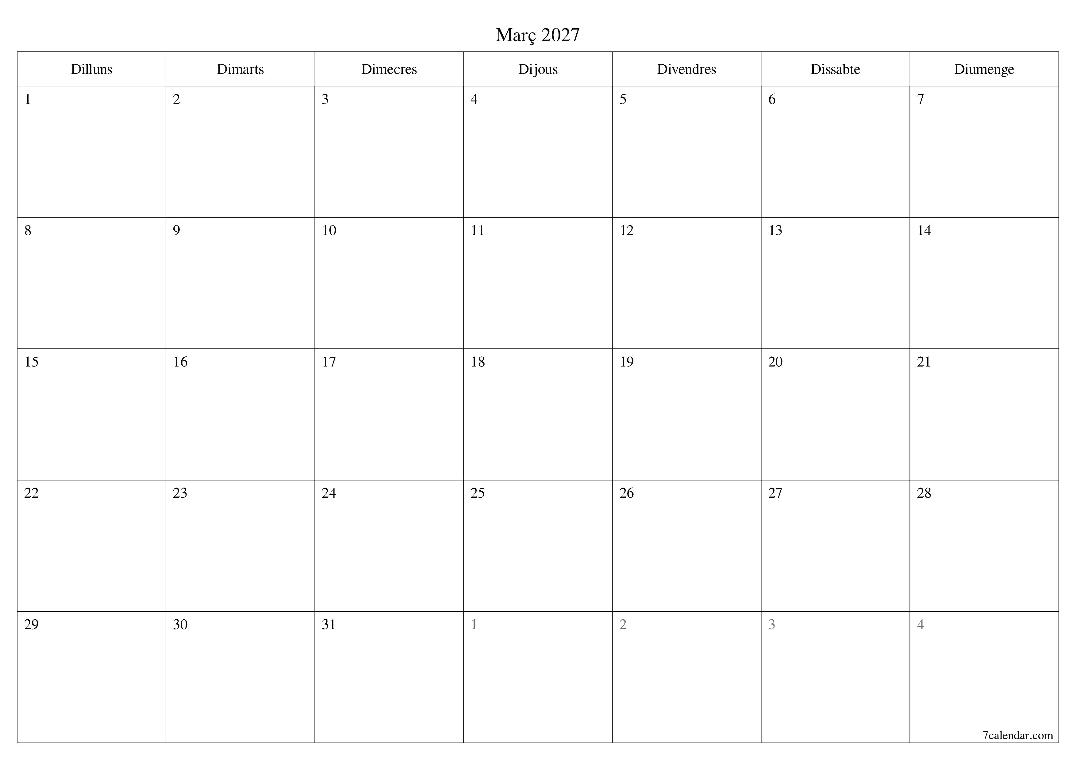 Planificador mensual buit del mes Març 2027 amb notes, deseu-lo i imprimiu-lo en format PDF PNG Catalan