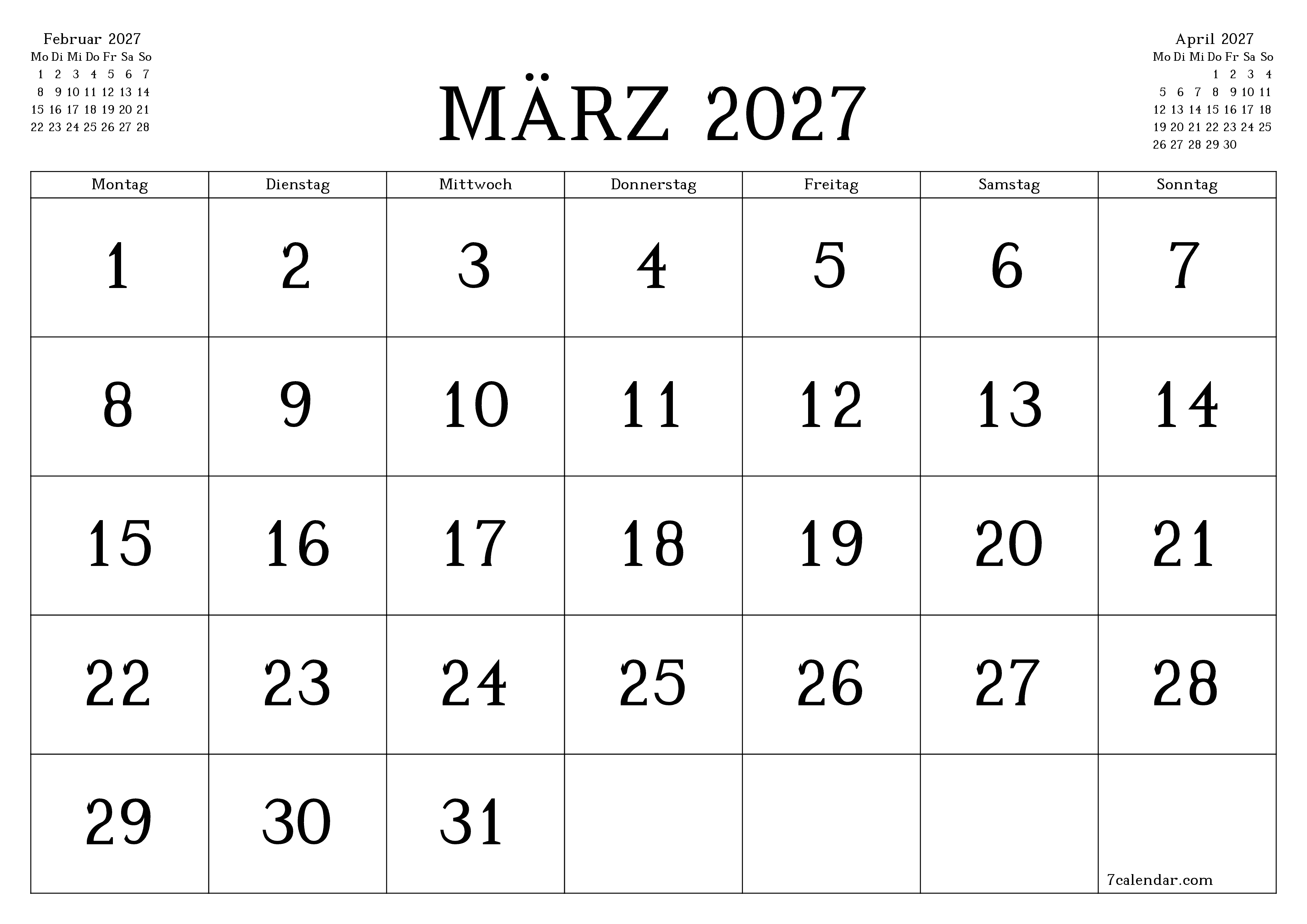 Monatsplaner für Monat März 2027 mit Notizen leeren, speichern und als PDF PNG German - 7calendar.com drucken