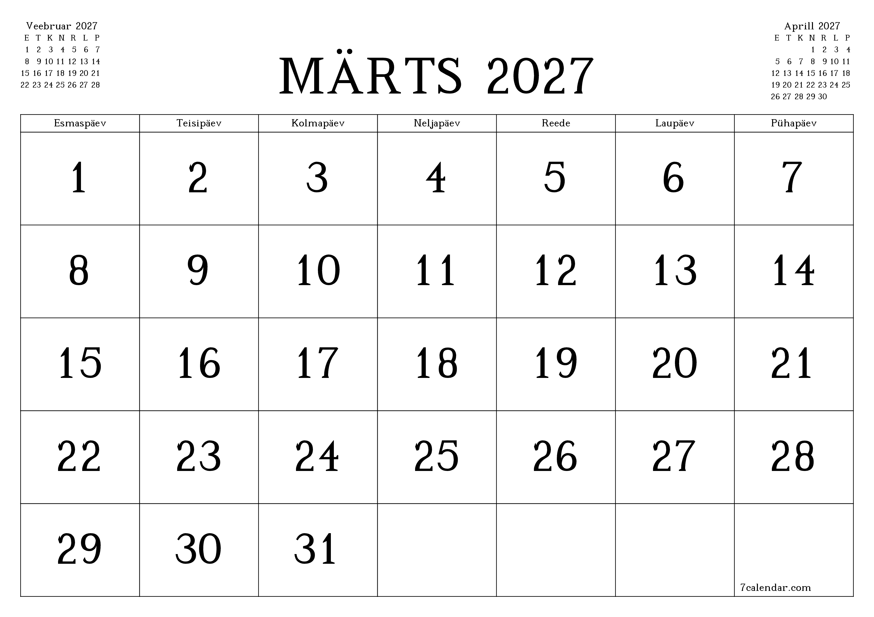 Tühjendage kuu Märts 2027 kuuplaneerija märkmetega, salvestage ja printige PDF-i PNG Estonian