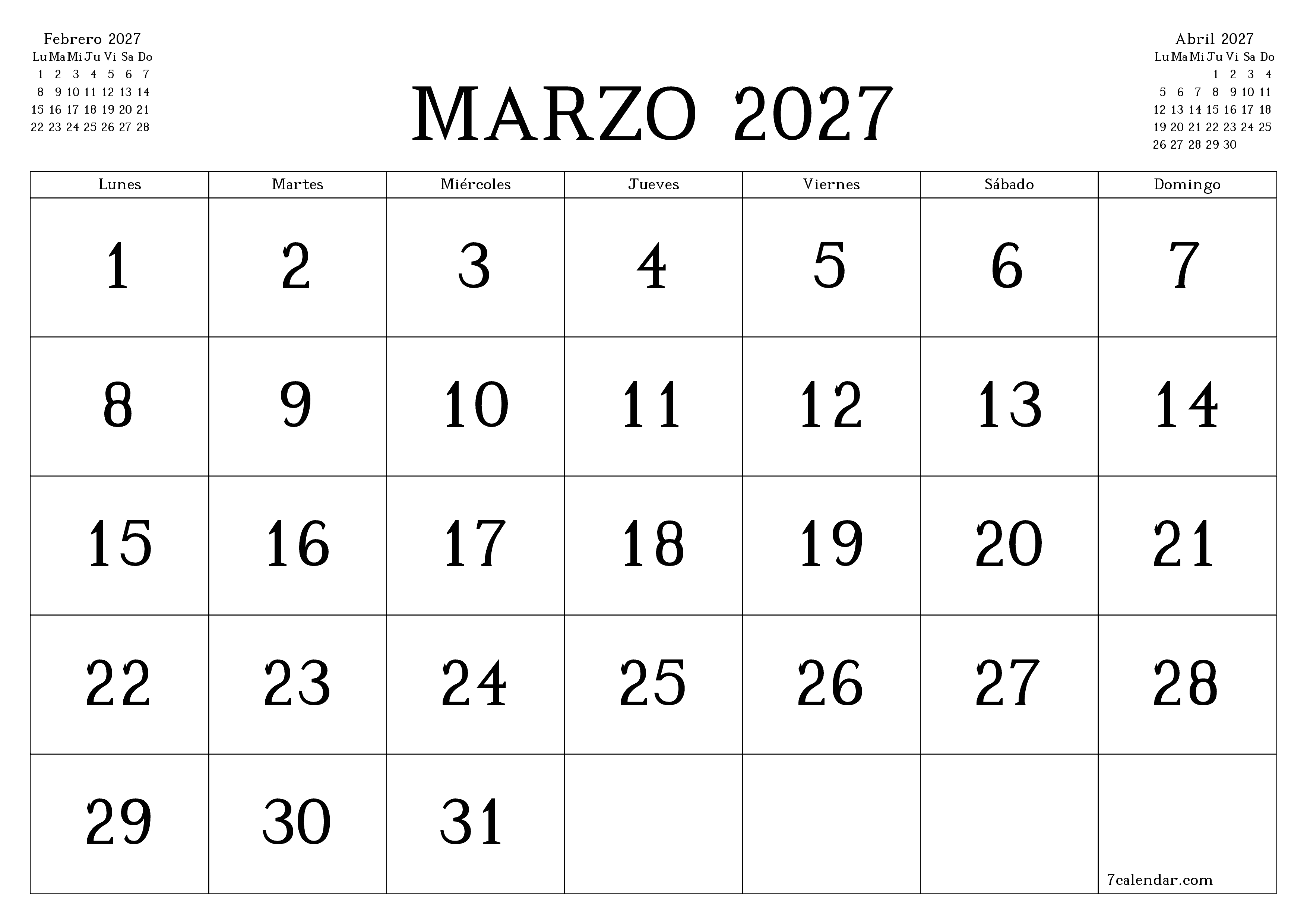 Planificador mensual vacío para el mes Marzo 2027 con notas, guardar e imprimir en PDF PNG Spanish
