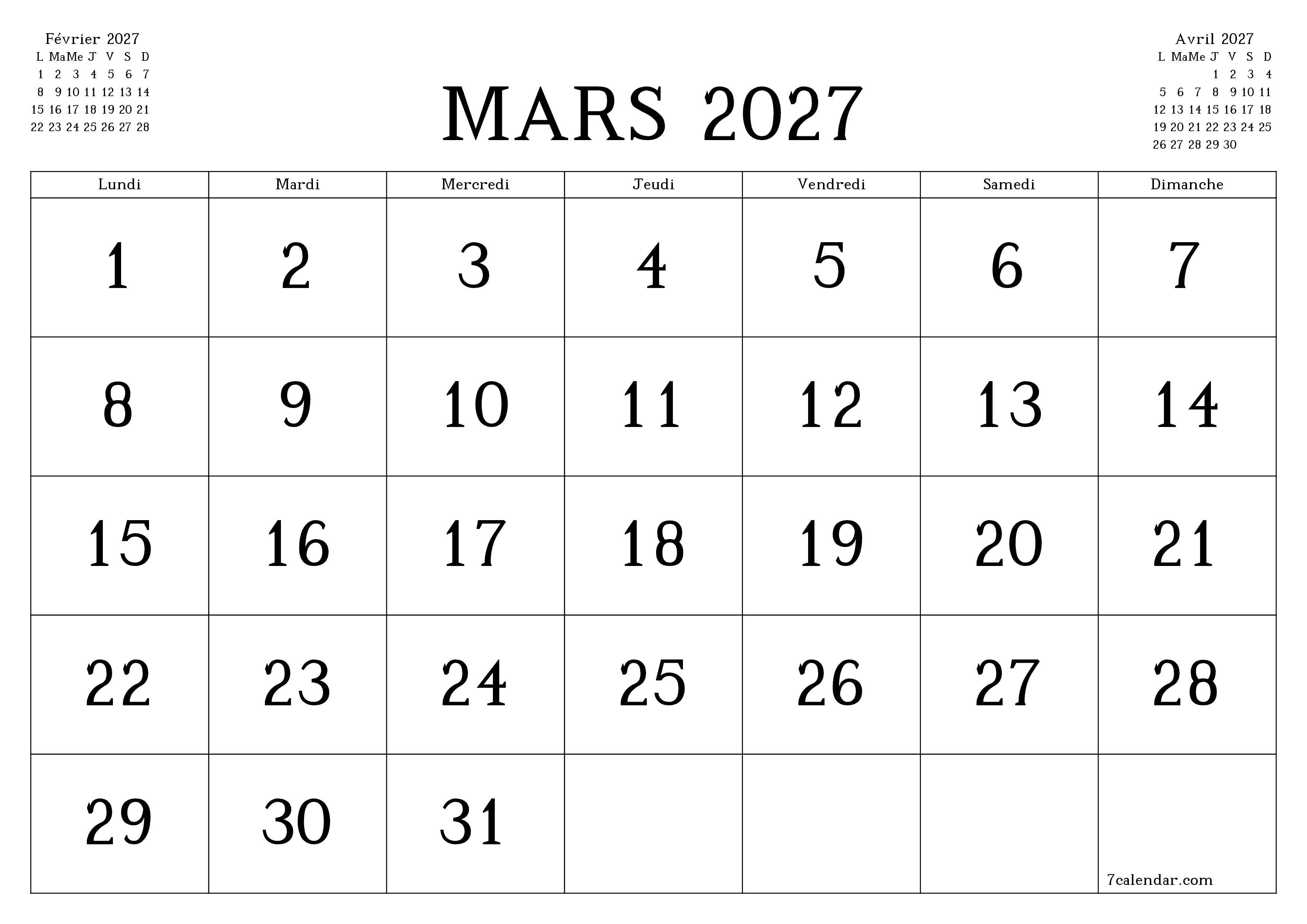 Agenda mensuel vide pour le mois Mars 2027 avec notes, enregistrez et imprimez au format PDF PNG French