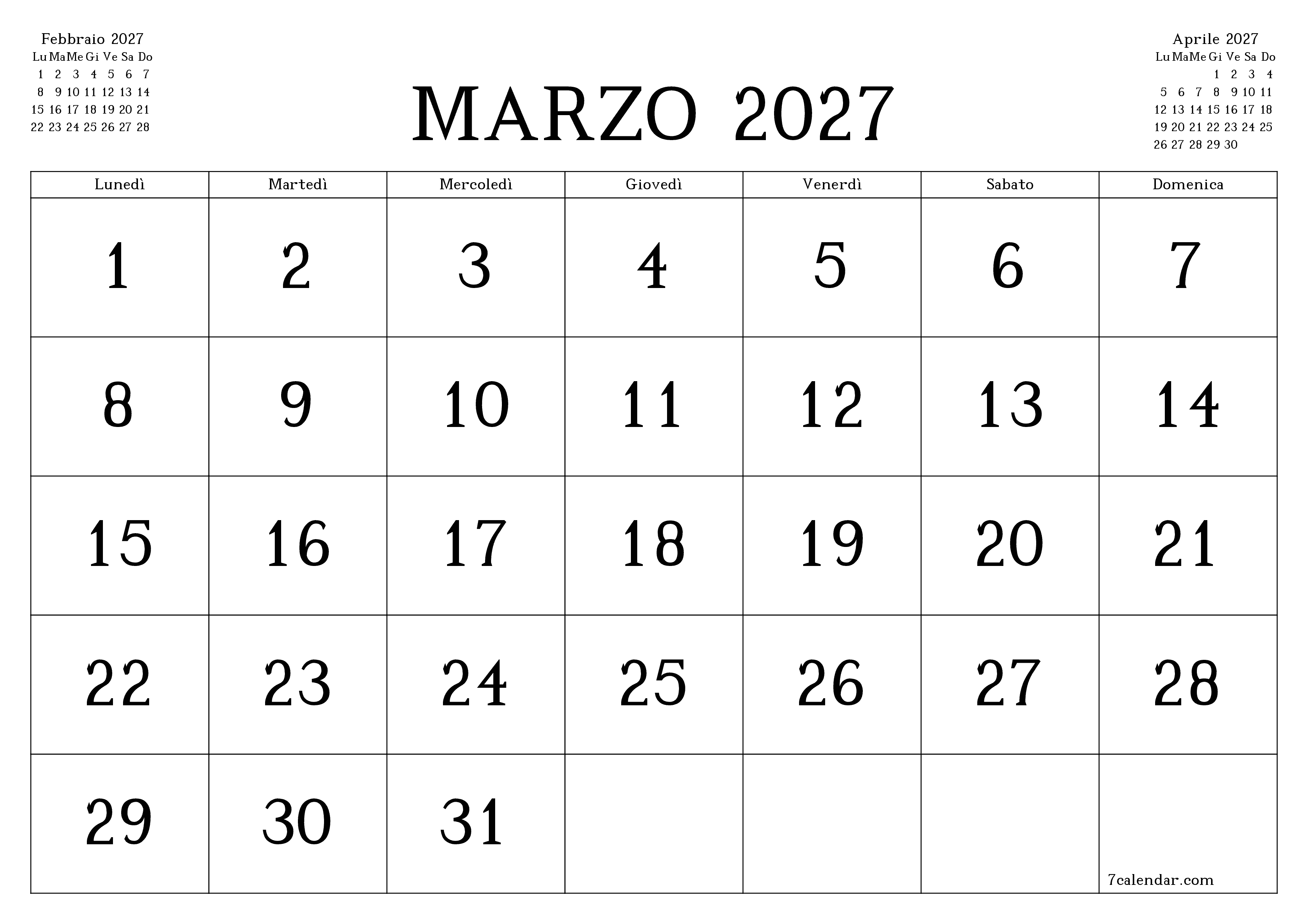 Pianificatore mensile vuoto per il mese Marzo 2027 con note, salva e stampa in PDF PNG Italian