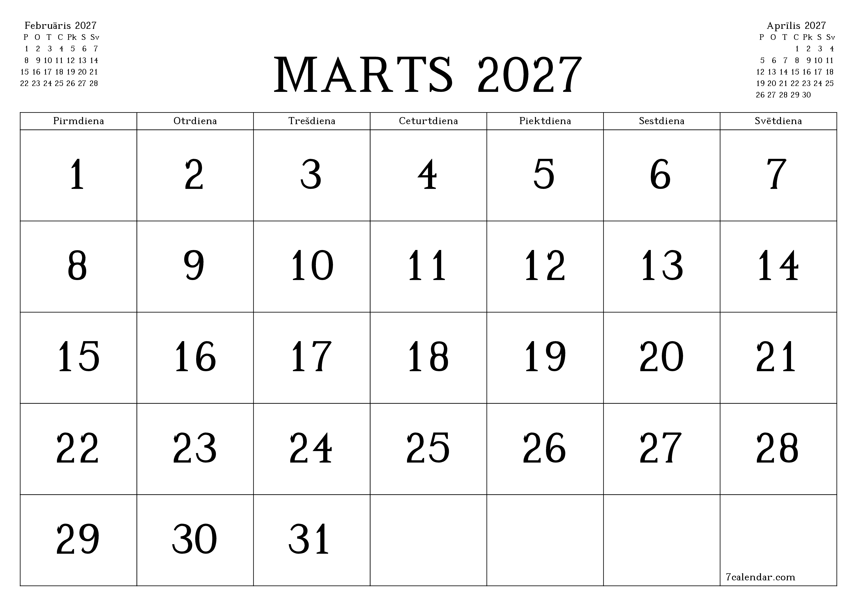 Iztukšot mēneša plānotāju mēnesim Marts 2027 ar piezīmēm, saglabāt un izdrukāt PDF formātā PNG Latvian