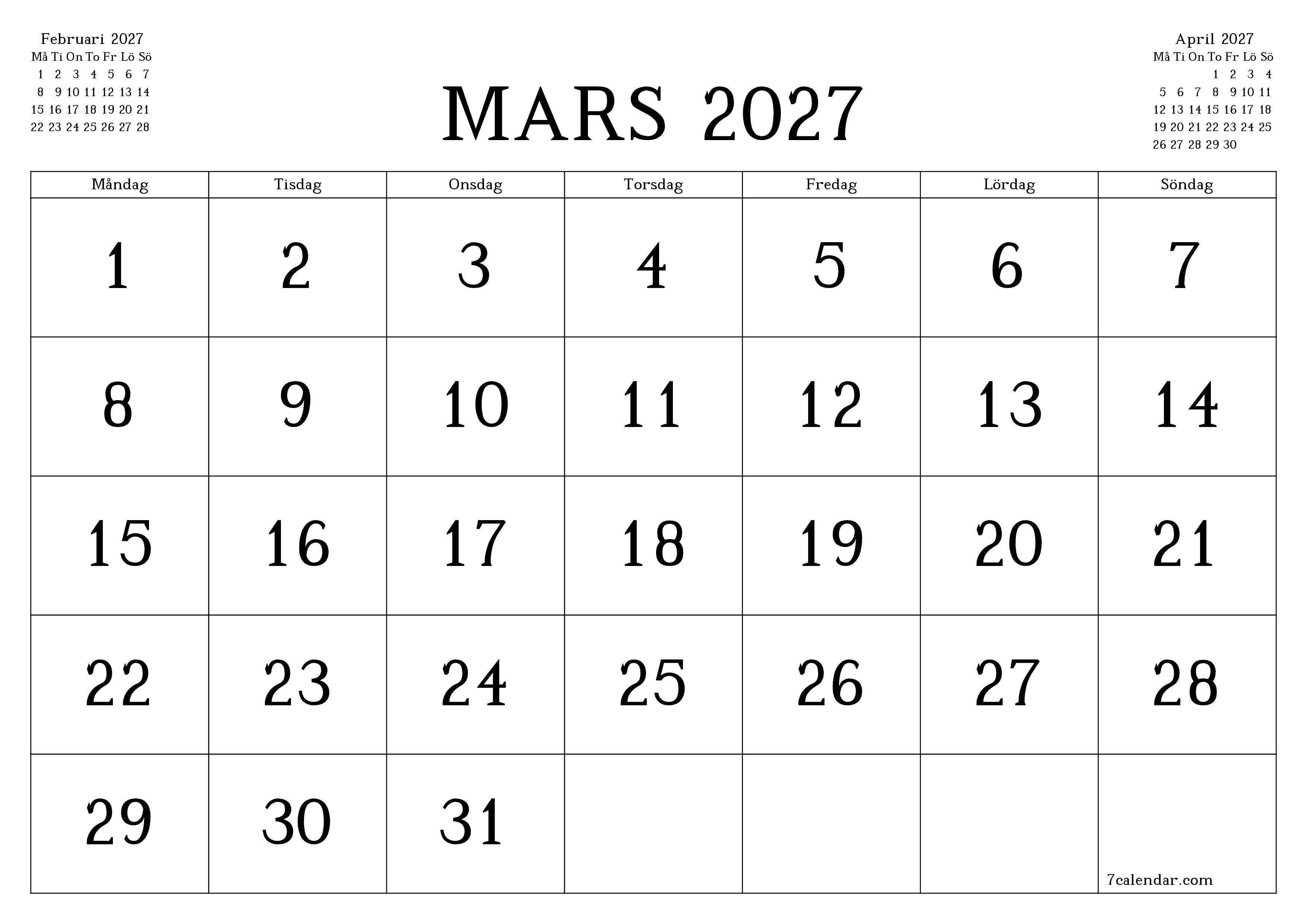 Tom månadsplanerare för månad Mars 2027 med anteckningar, spara och skriv ut till PDF PNG Swedish