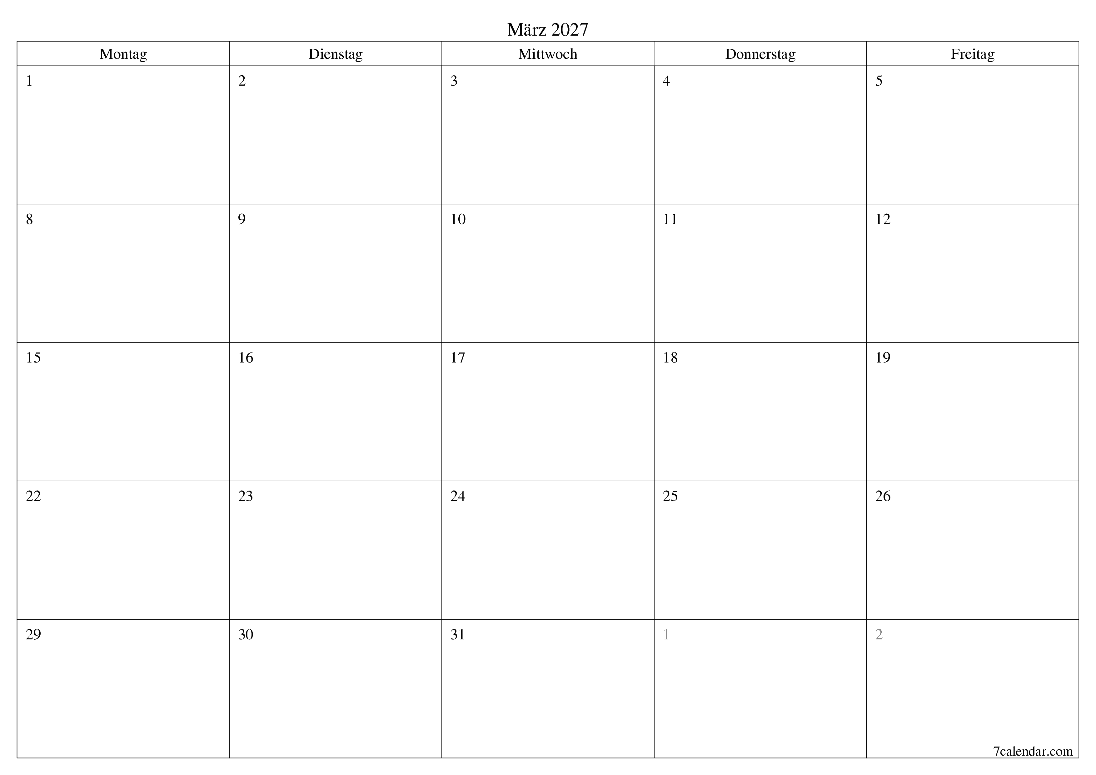 Monatsplaner für Monat März 2027 mit Notizen leeren, speichern und als PDF PNG German - 7calendar.com drucken