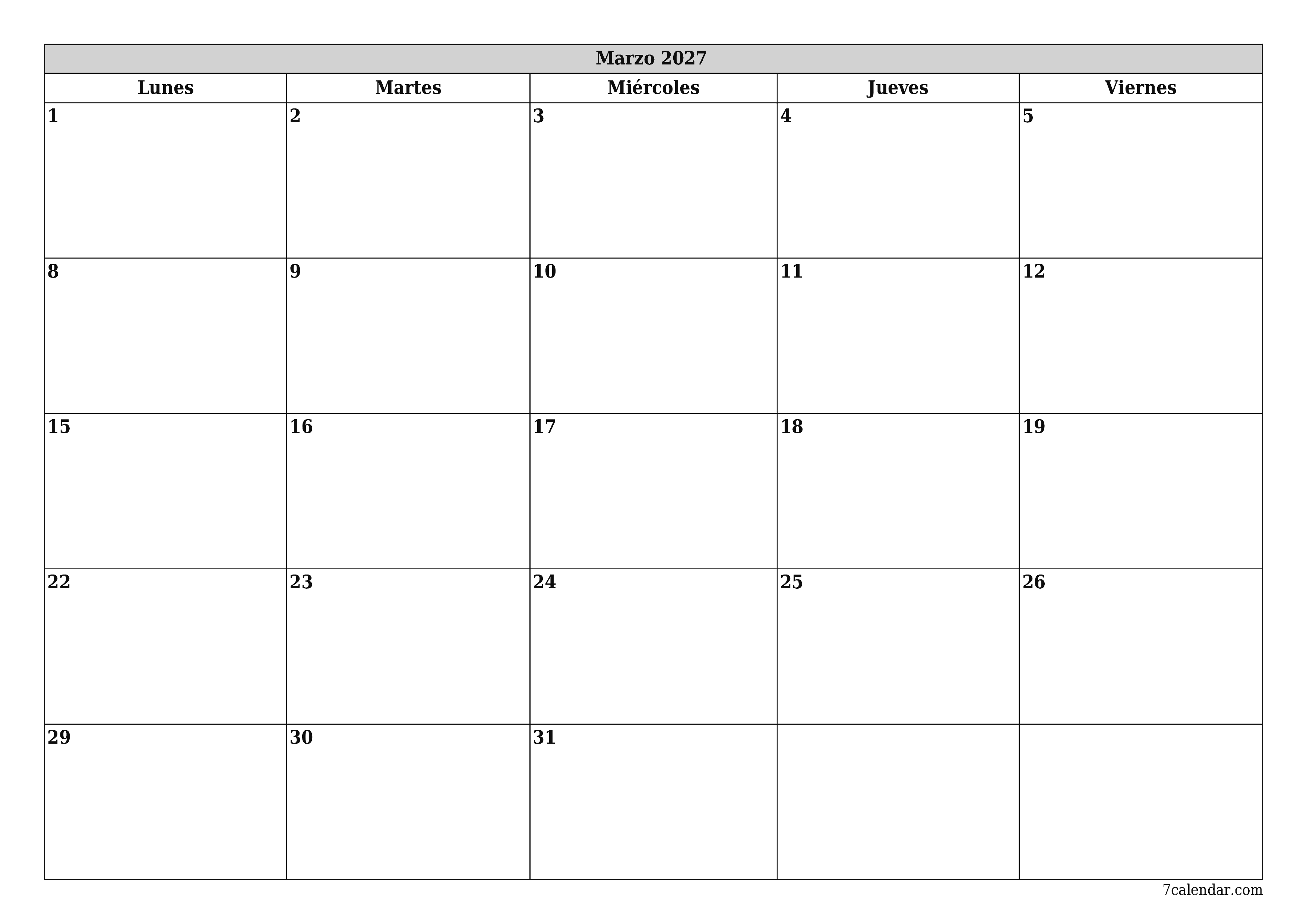 Planificador mensual vacío para el mes Marzo 2027 con notas, guardar e imprimir en PDF PNG Spanish