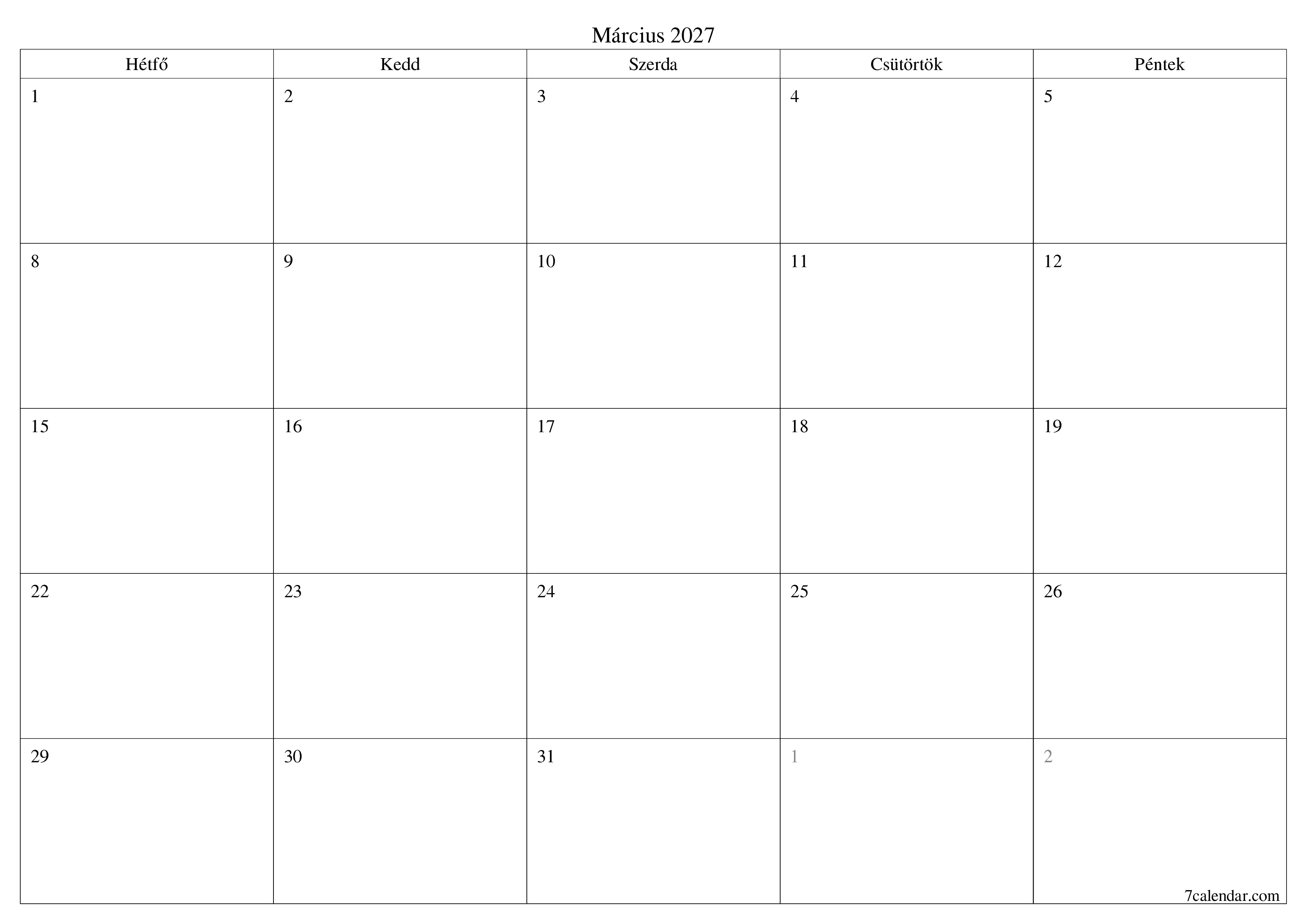 Üres havi tervező a Március 2027 hónapra jegyzetekkel, mentés és nyomtatás PDF-be PNG Hungarian