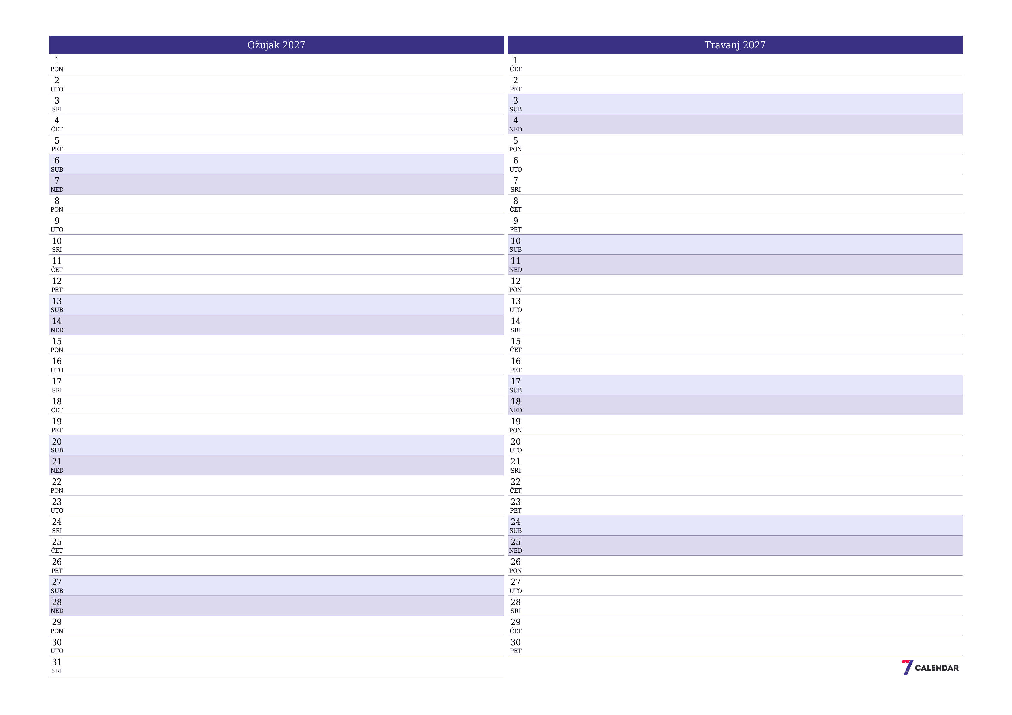 Ispraznite mjesečni planer za mjesec Ožujak 2027 s bilješkama, spremite i ispišite u PDF PNG Croatian