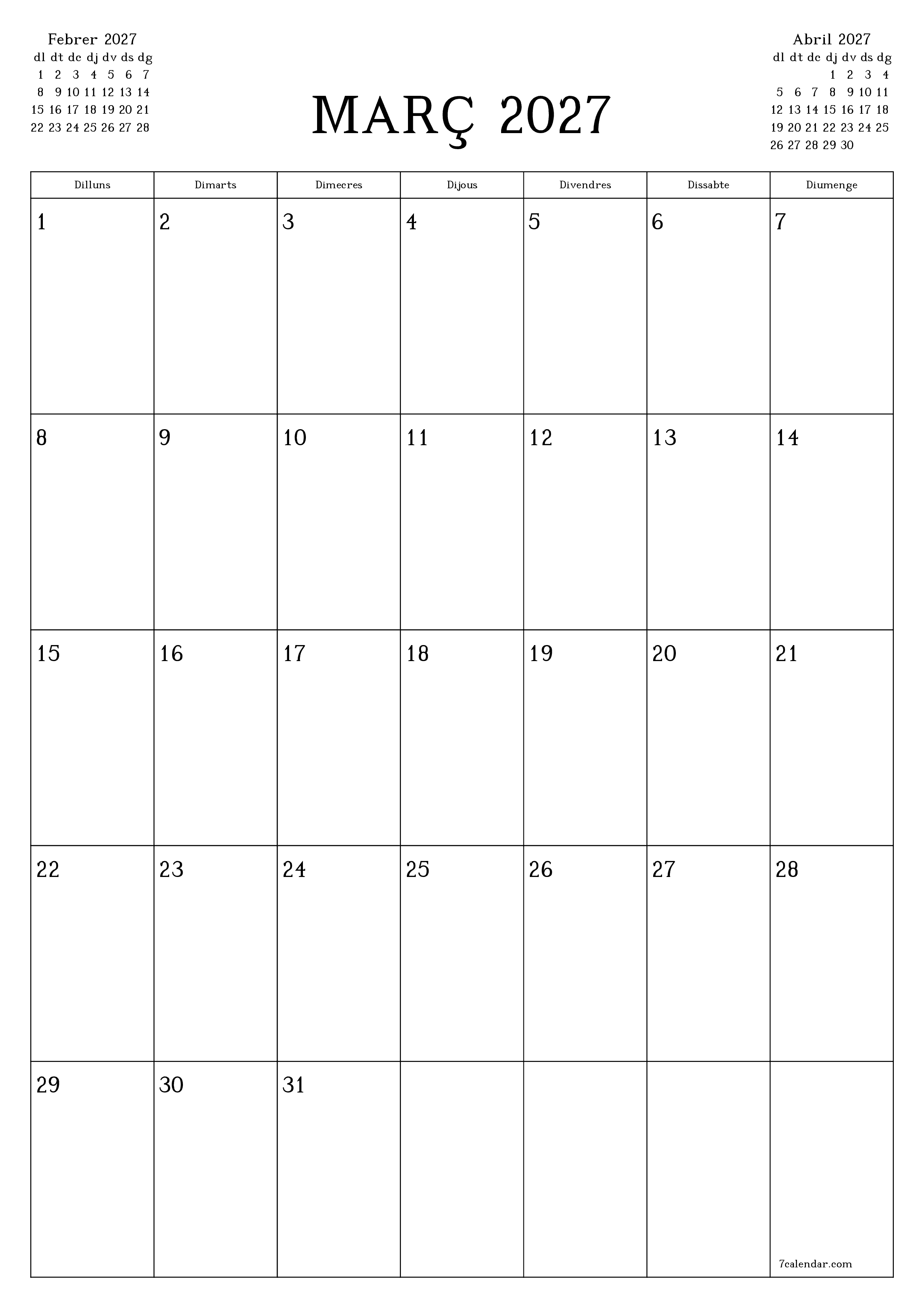 Planificador mensual buit del mes Març 2027 amb notes, deseu-lo i imprimiu-lo en format PDF PNG Catalan