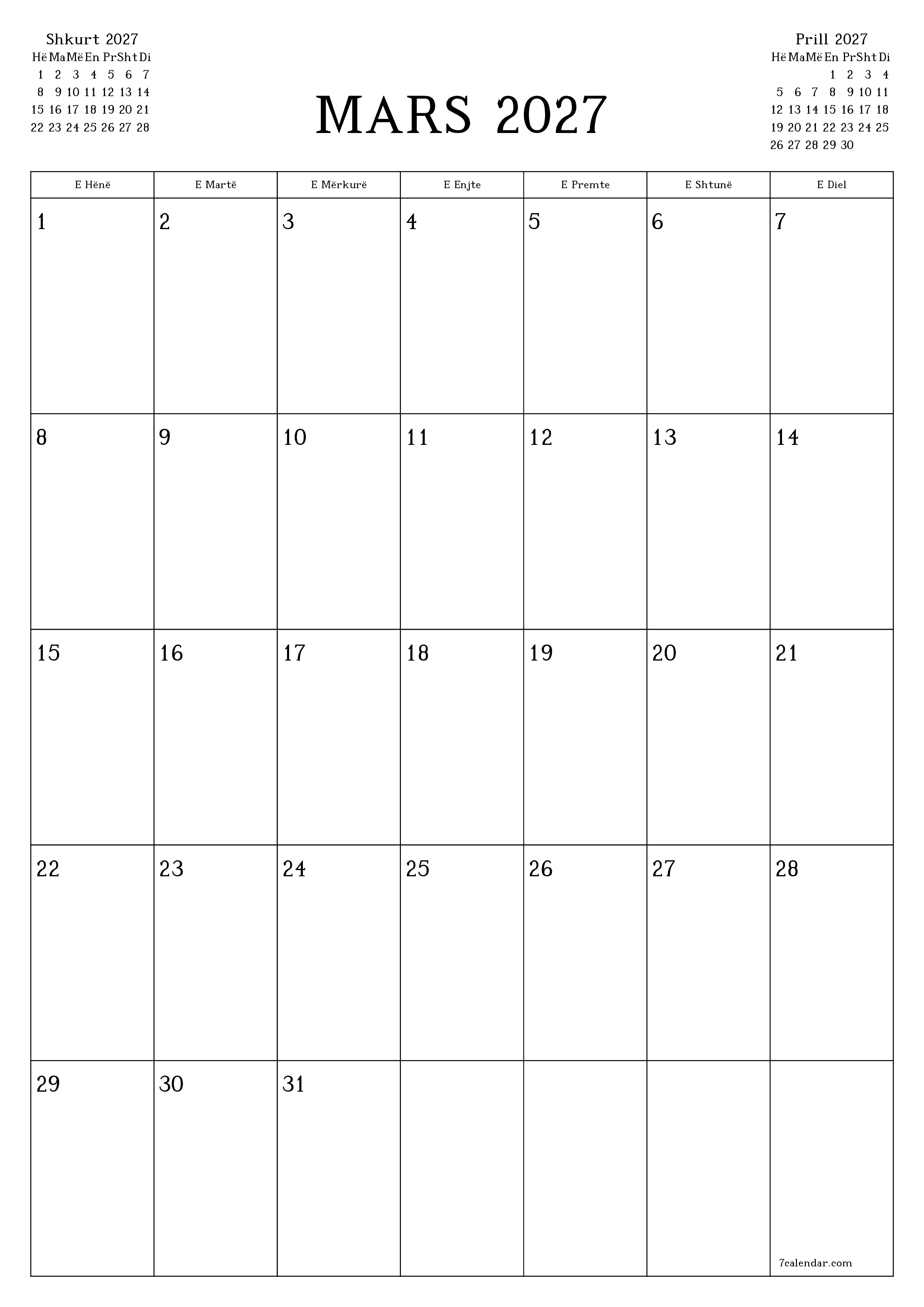 Planifikuesi i zbrazët i kalendarit mujor për muajin Mars 2027 me shënime të ruajtura dhe të printuara në PDF PNG Albanian