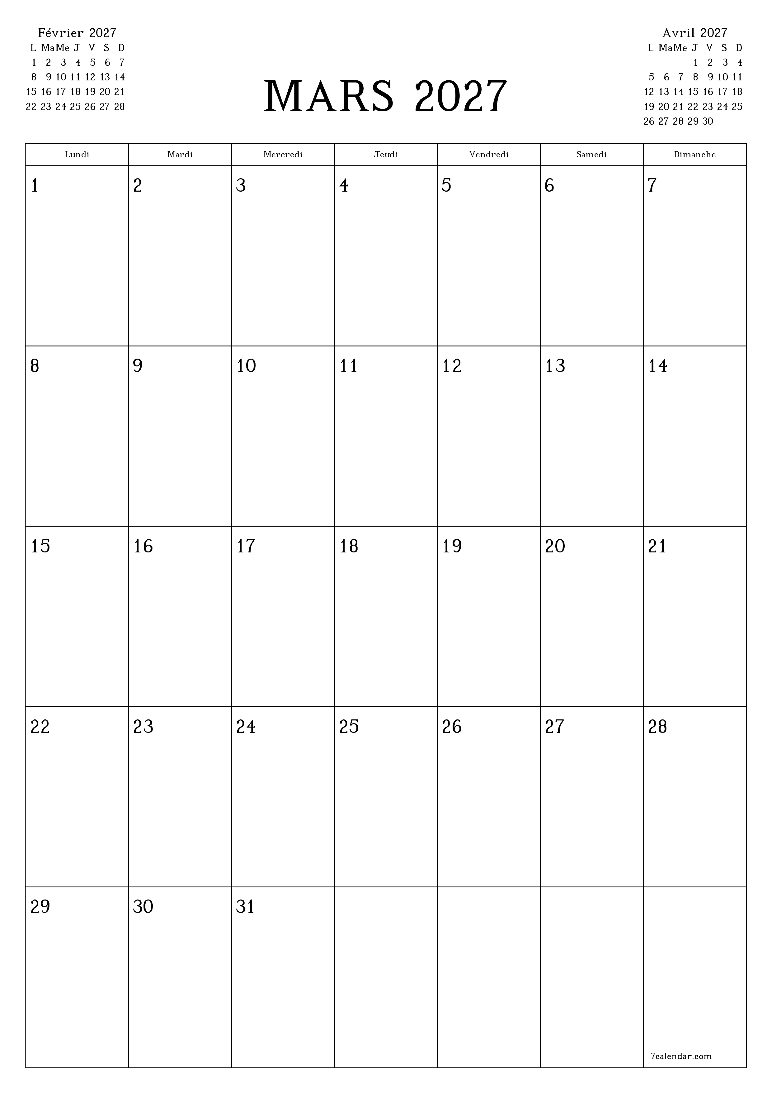 Agenda mensuel vide pour le mois Mars 2027 avec notes, enregistrez et imprimez au format PDF PNG French