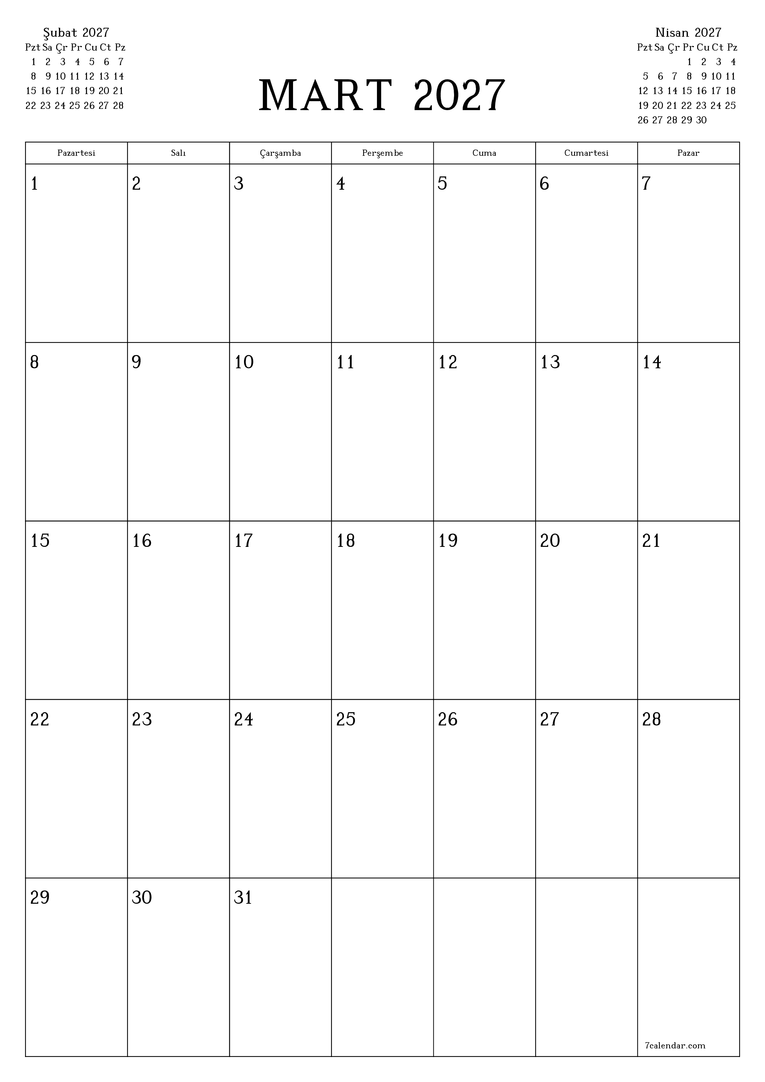 Mart 2027 ayı için notlarla birlikte boş aylık planlayıcı, kaydedin ve PDF'ye yazdırın PNG Turkish