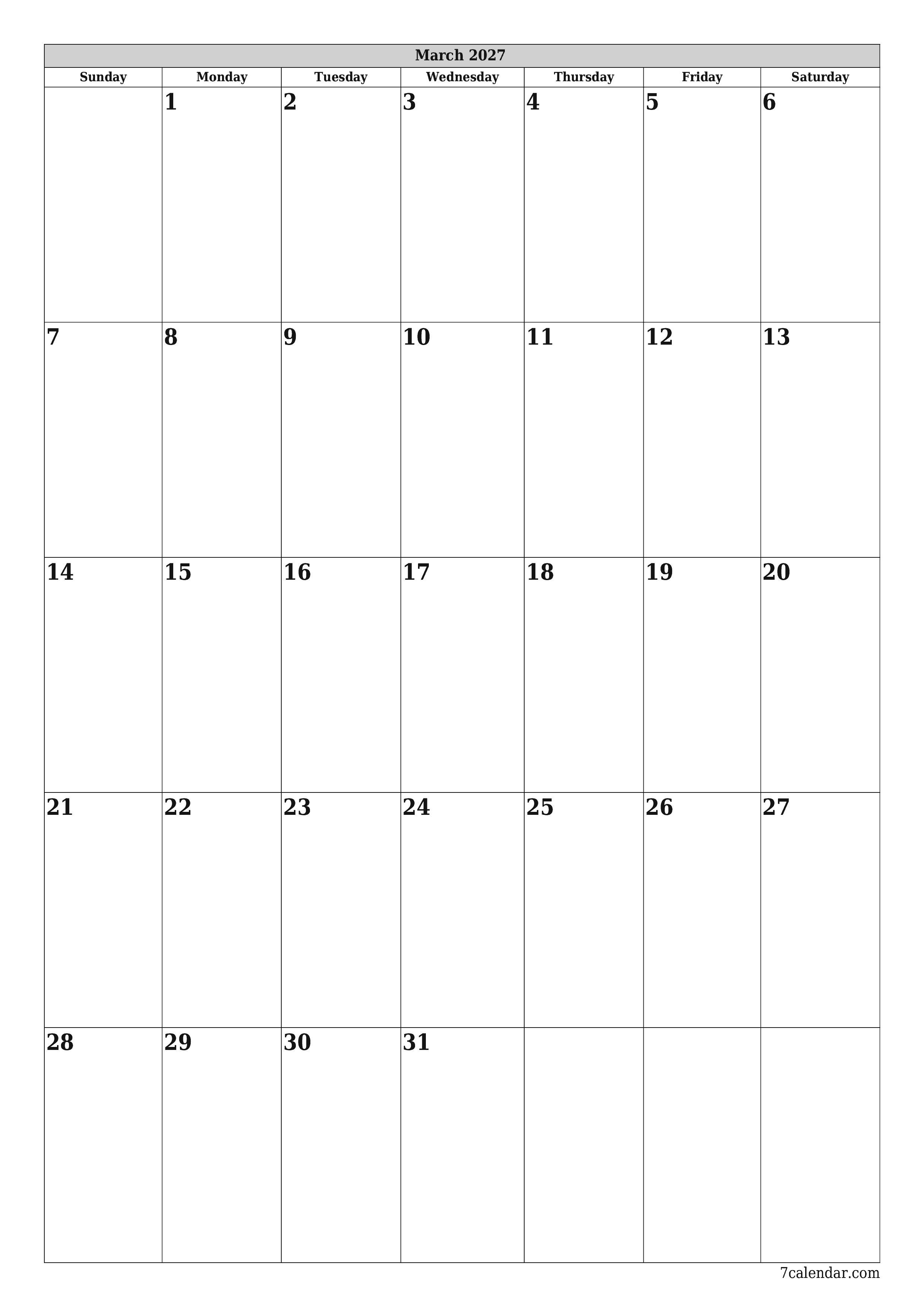 Blank calendar March 2027