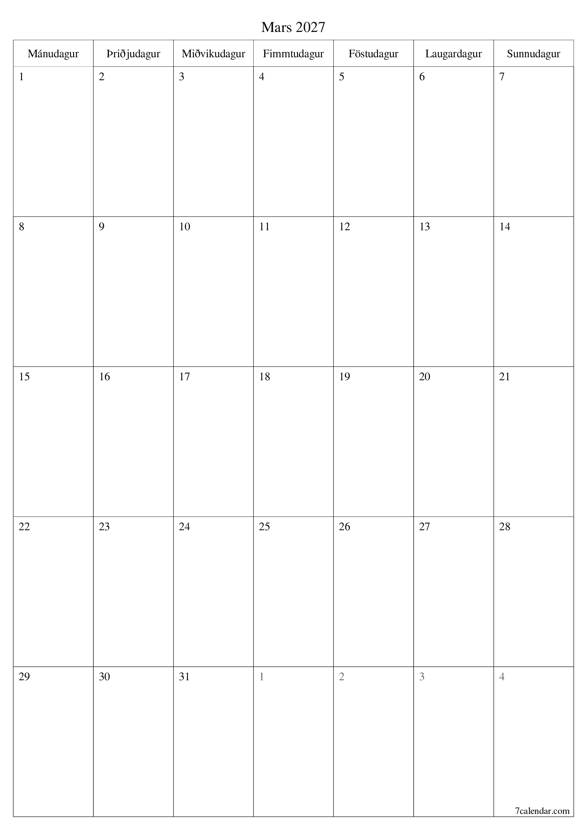 Tómur mánaðarlegur skipuleggjandi fyrir mánuðinn Mars 2027 með athugasemdum, vista og prenta á PDF PNG Icelandic