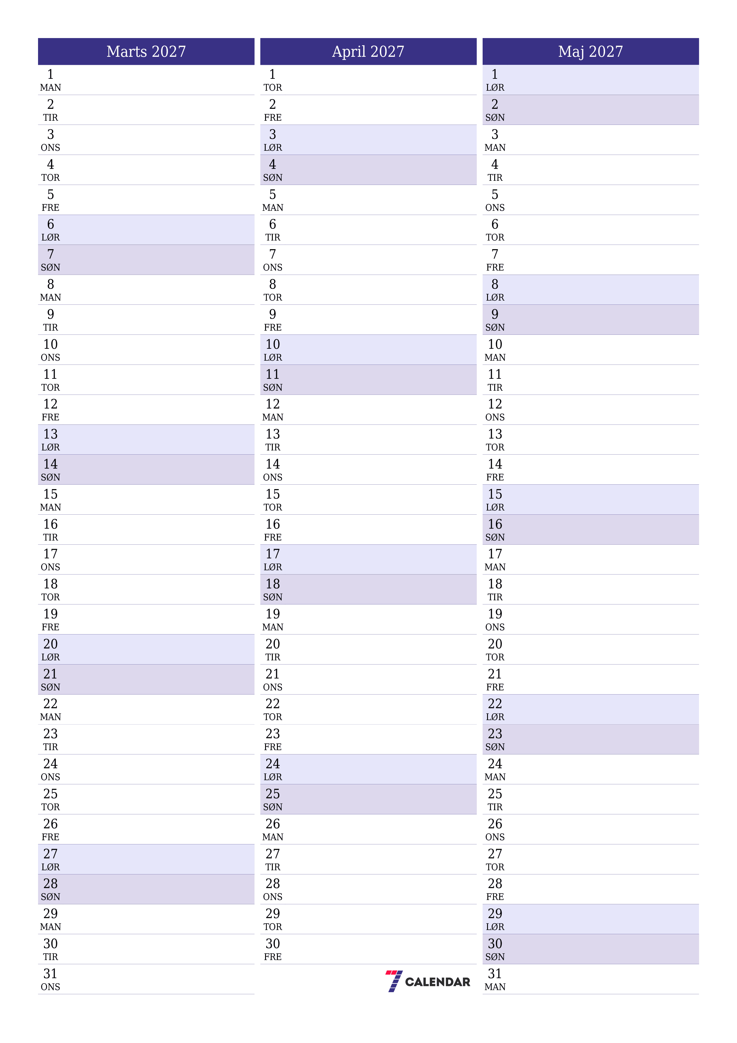 Tom månedlig planlægning for måned Marts 2027 med noter, gem og udskriv til PDF PNG Danish