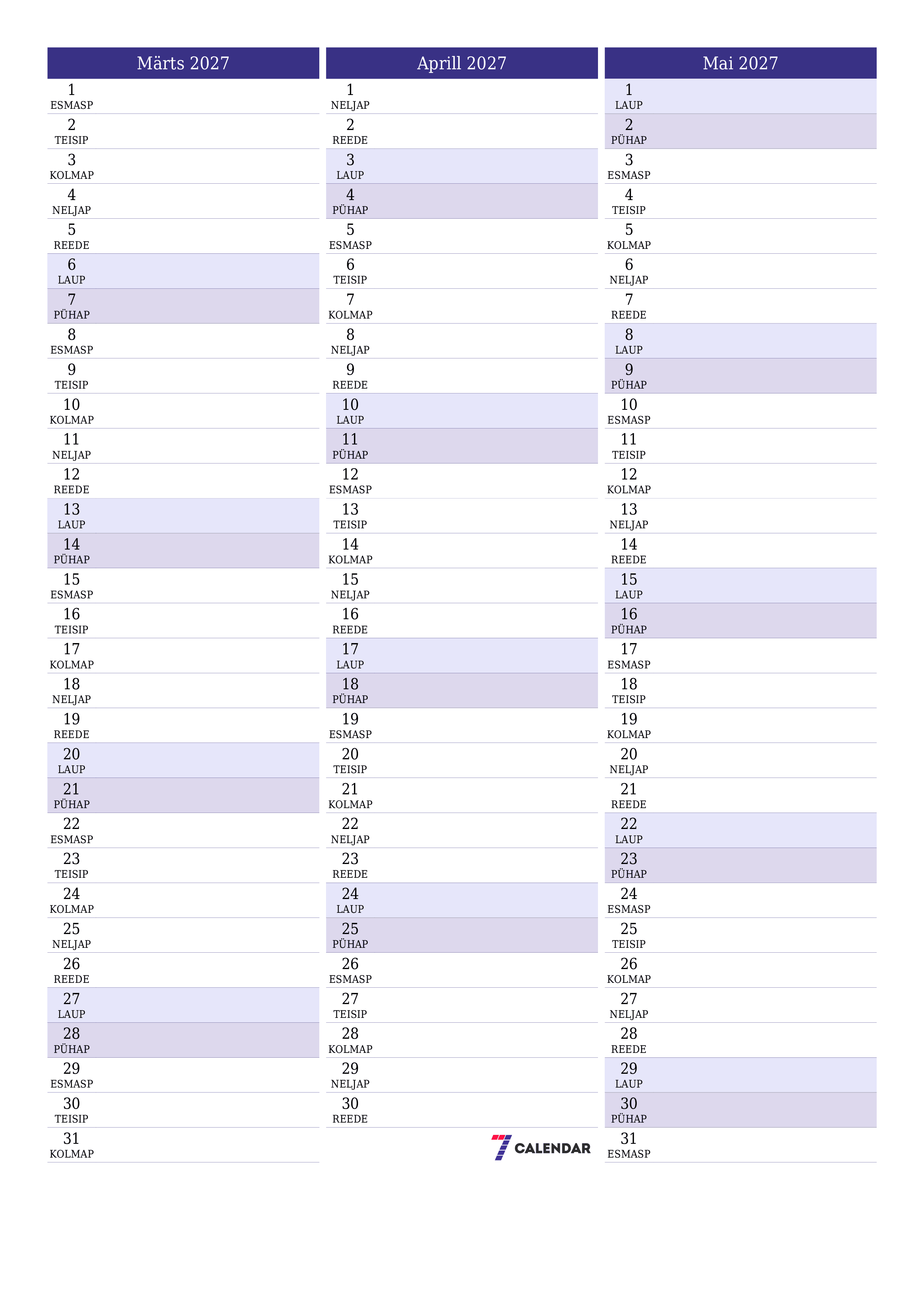 Tühjendage kuu Märts 2027 kuuplaneerija märkmetega, salvestage ja printige PDF-i PNG Estonian