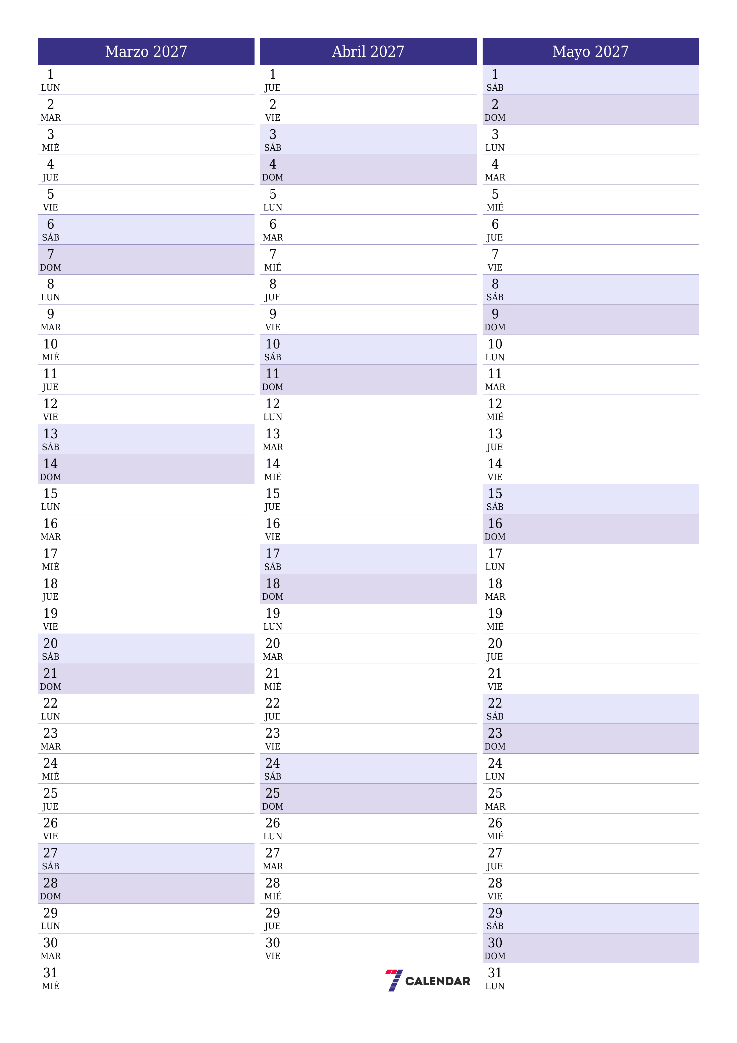 Planificador mensual vacío para el mes Marzo 2027 con notas, guardar e imprimir en PDF PNG Spanish