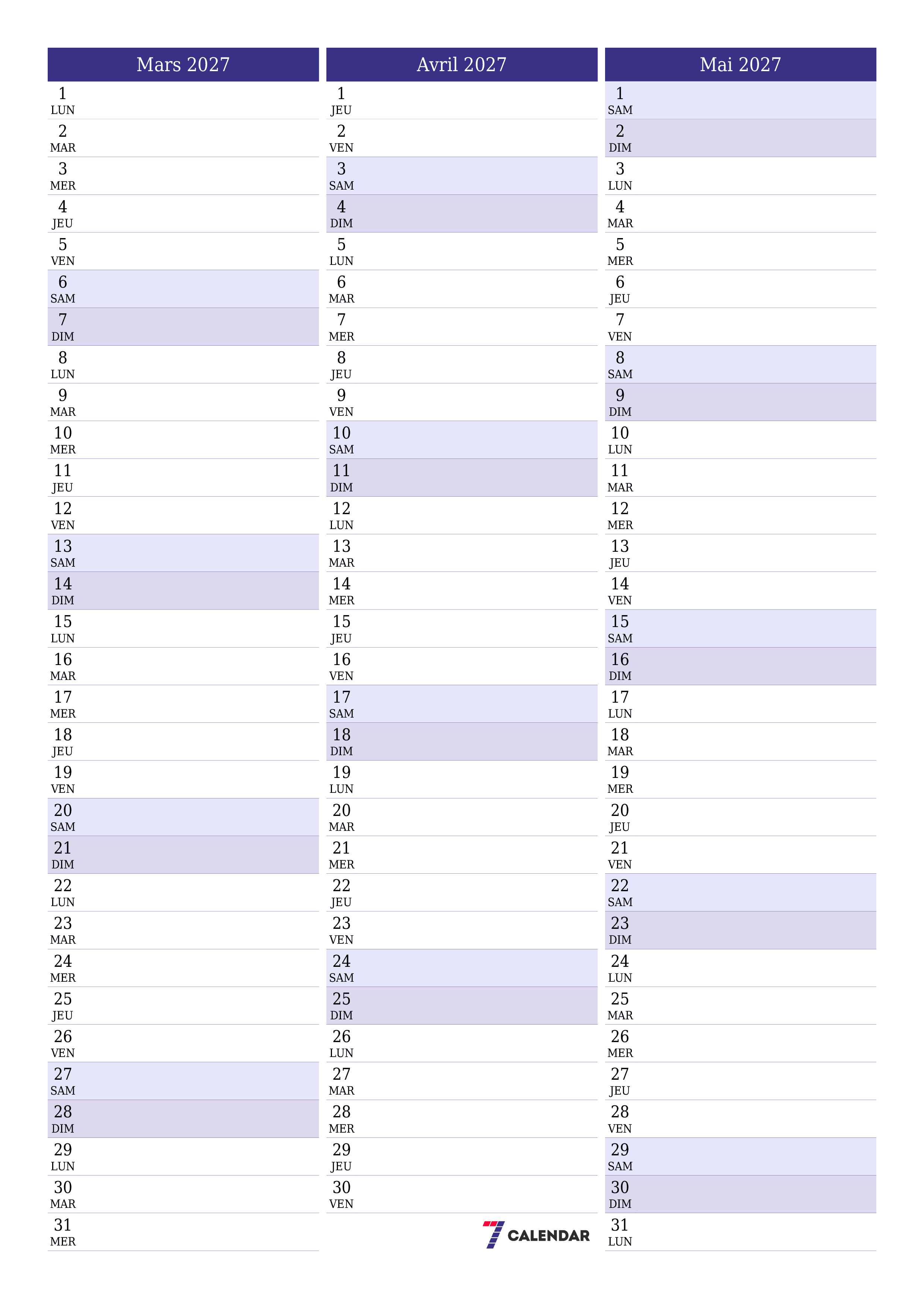 Agenda mensuel vide pour le mois Mars 2027 avec notes, enregistrez et imprimez au format PDF PNG French