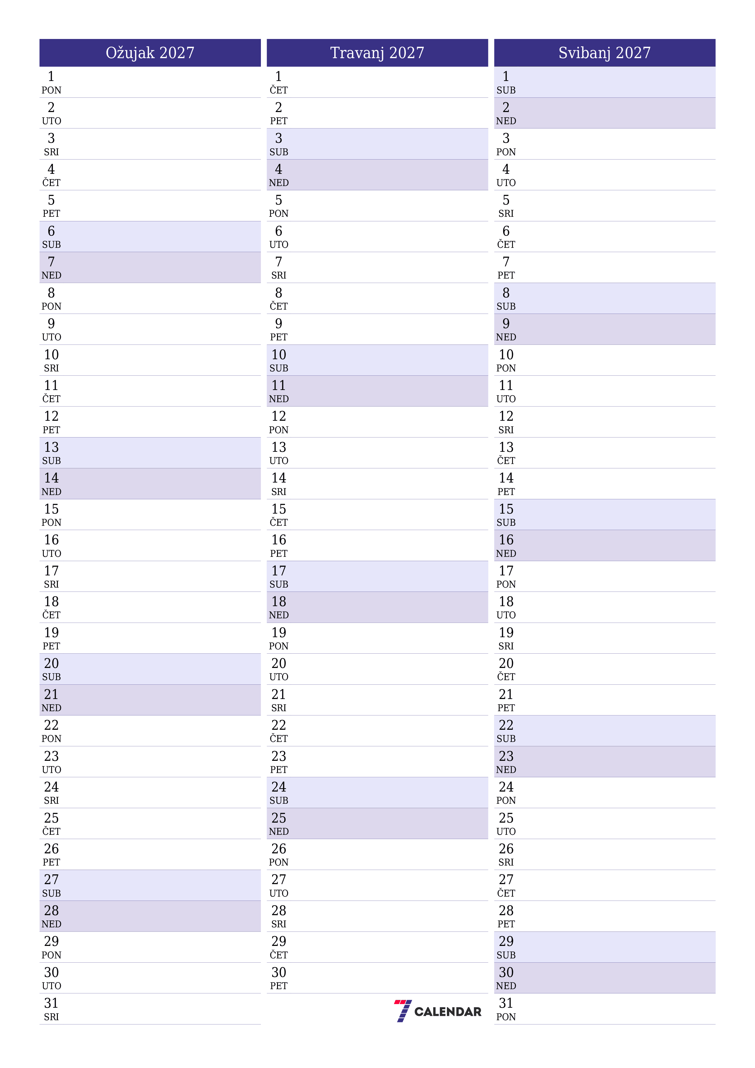 Ispraznite mjesečni planer za mjesec Ožujak 2027 s bilješkama, spremite i ispišite u PDF PNG Croatian