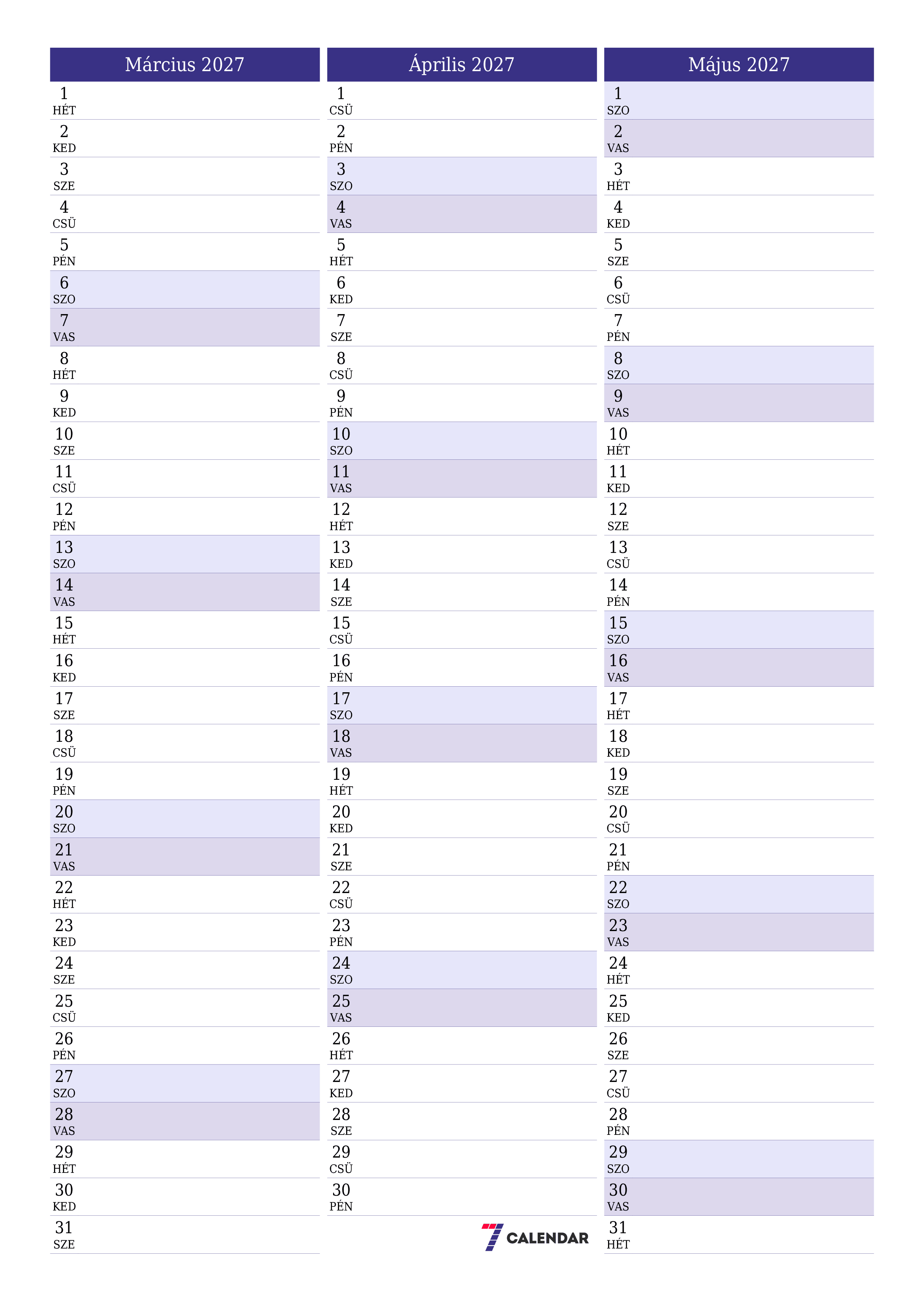 Üres havi tervező a Március 2027 hónapra jegyzetekkel, mentés és nyomtatás PDF-be PNG Hungarian