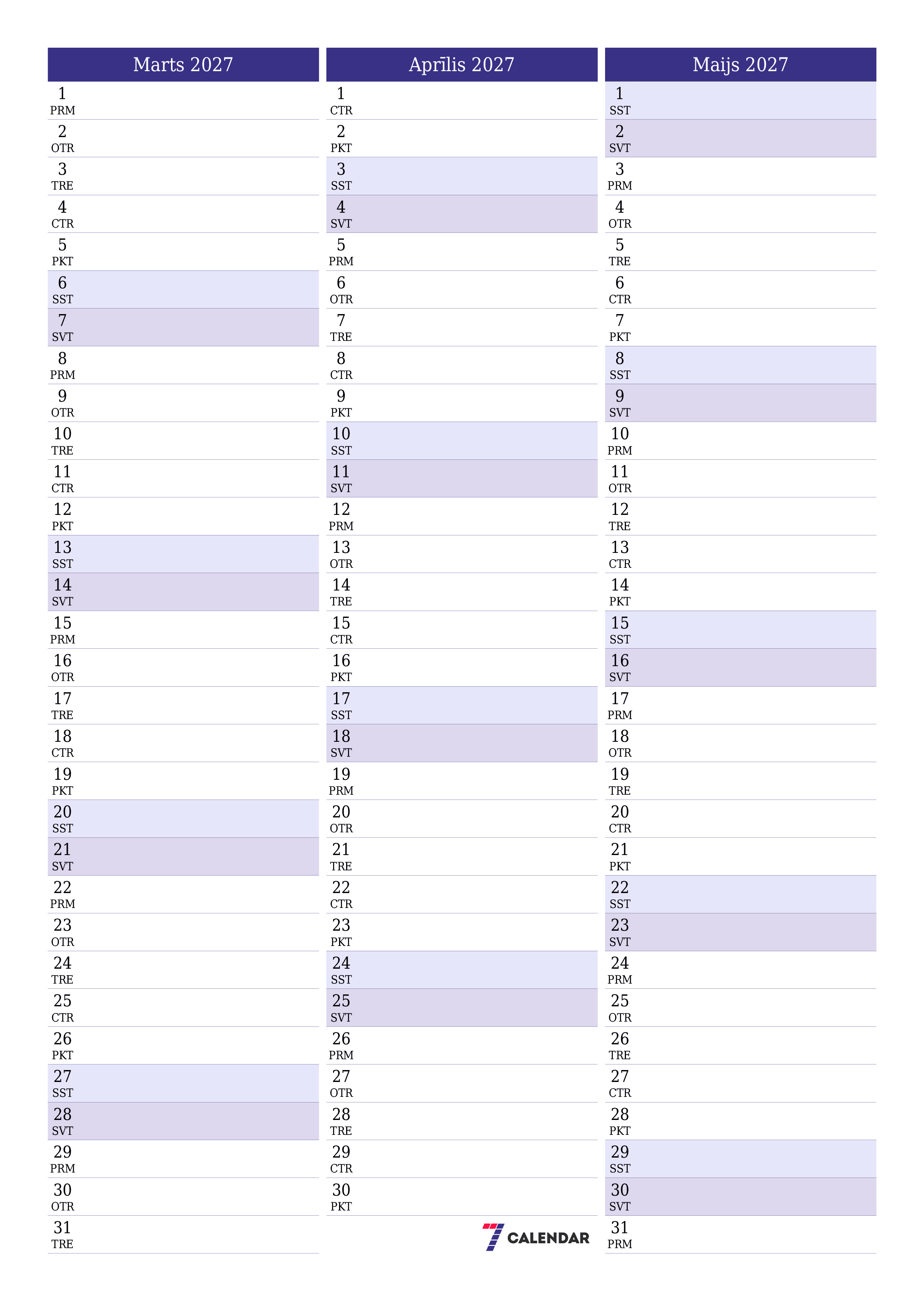 Iztukšot mēneša plānotāju mēnesim Marts 2027 ar piezīmēm, saglabāt un izdrukāt PDF formātā PNG Latvian