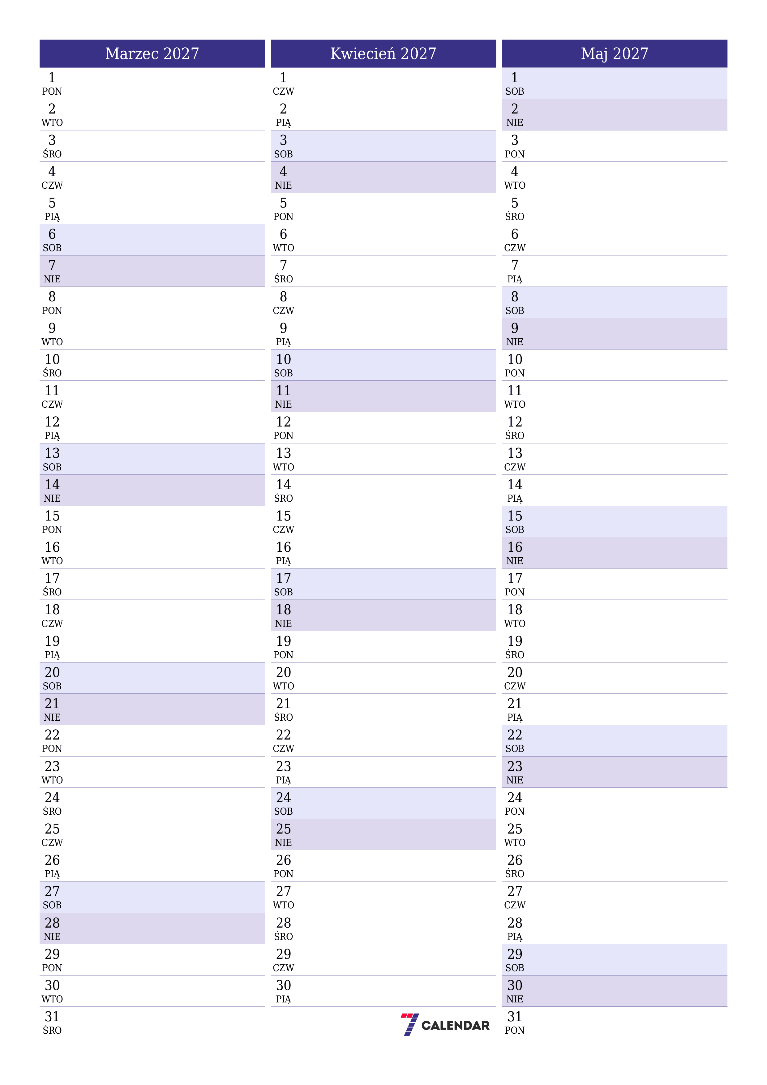 Opróżnij miesięczny planer na miesiąc Marzec 2027 z notatkami, zapisz i wydrukuj w formacie PDF PNG Polish