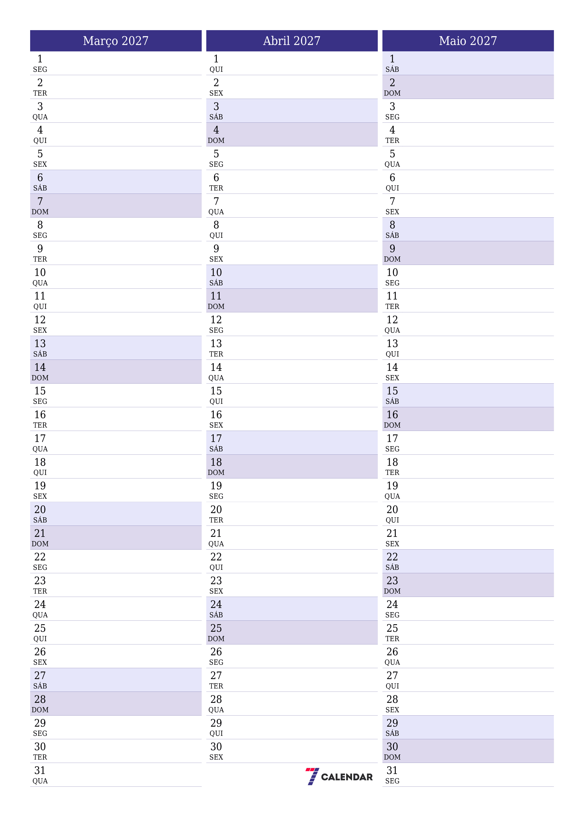 Esvazie o planejador mensal para o mês Março 2027 com notas, salve e imprima em PDF PNG Portuguese