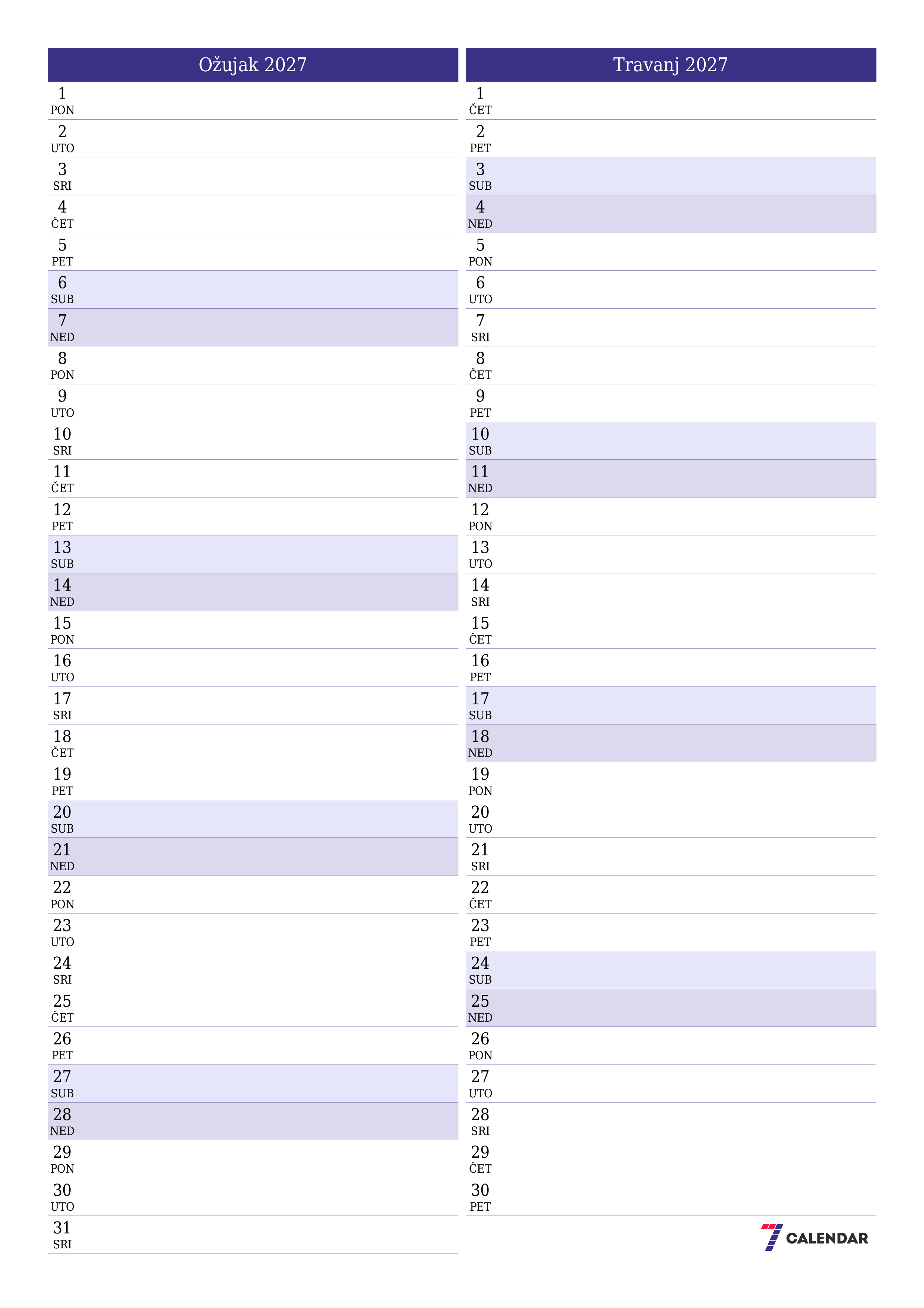 Ispraznite mjesečni planer za mjesec Ožujak 2027 s bilješkama, spremite i ispišite u PDF PNG Croatian