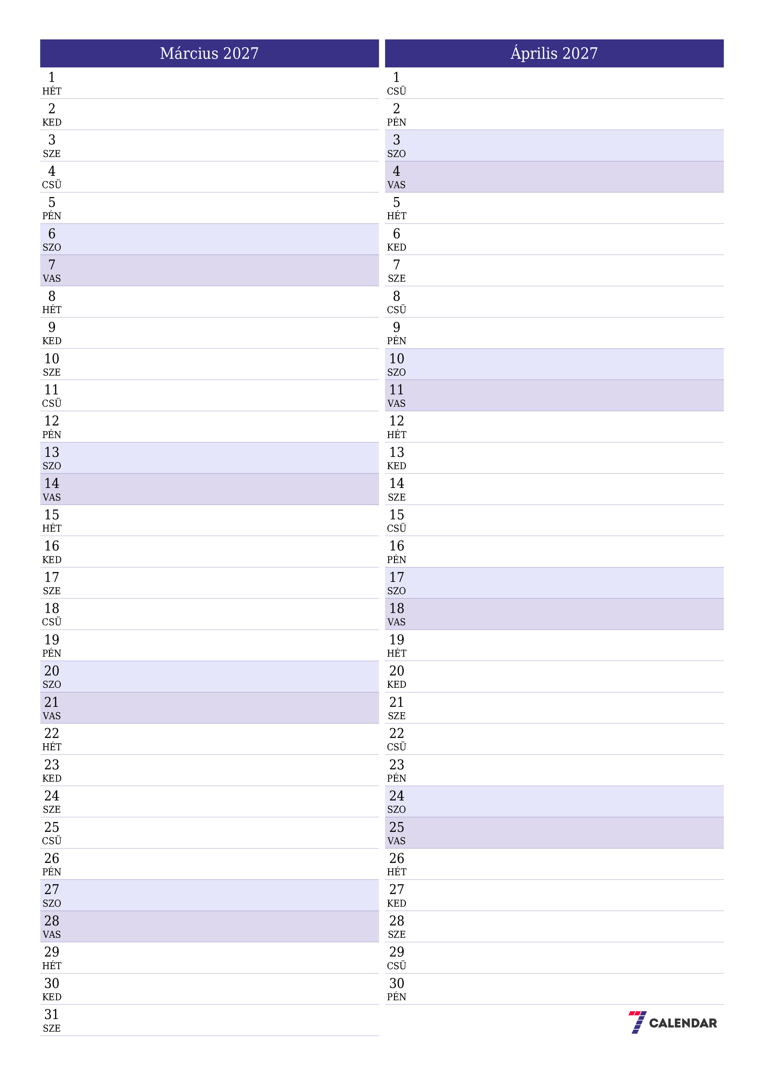 Üres havi tervező a Március 2027 hónapra jegyzetekkel, mentés és nyomtatás PDF-be PNG Hungarian