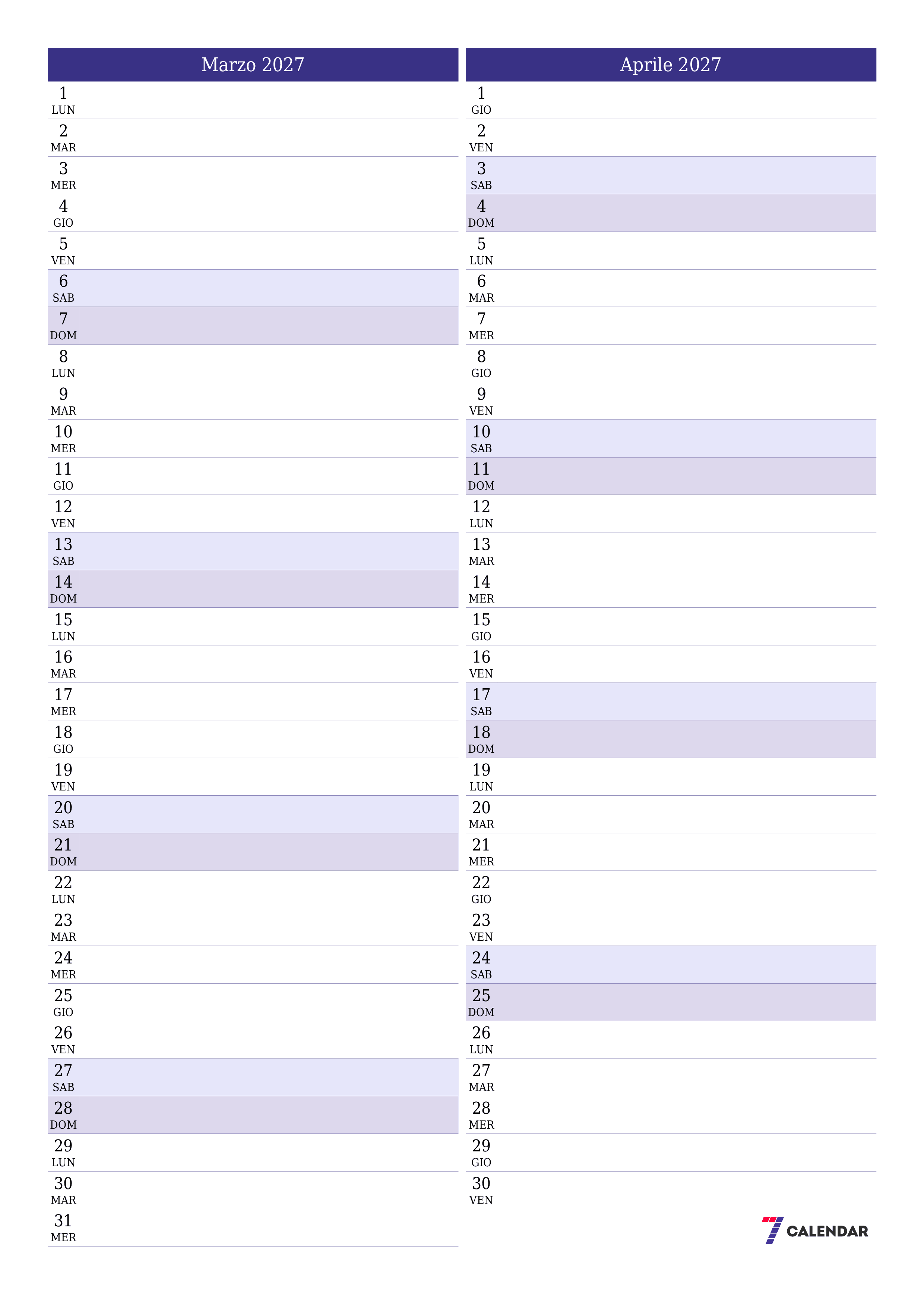 Pianificatore mensile vuoto per il mese Marzo 2027 con note, salva e stampa in PDF PNG Italian