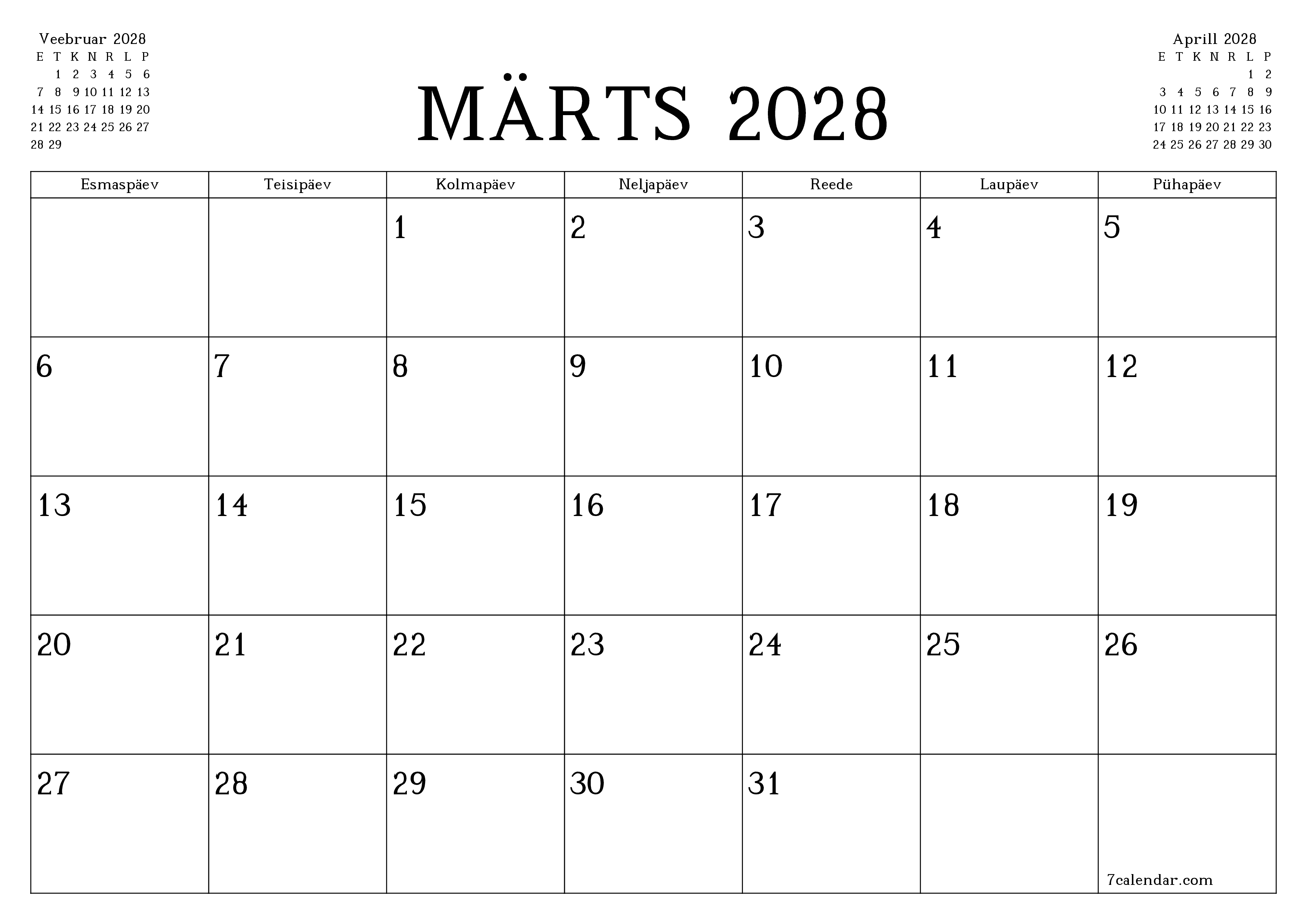 Tühjendage kuu Märts 2028 kuuplaneerija märkmetega, salvestage ja printige PDF-i PNG Estonian