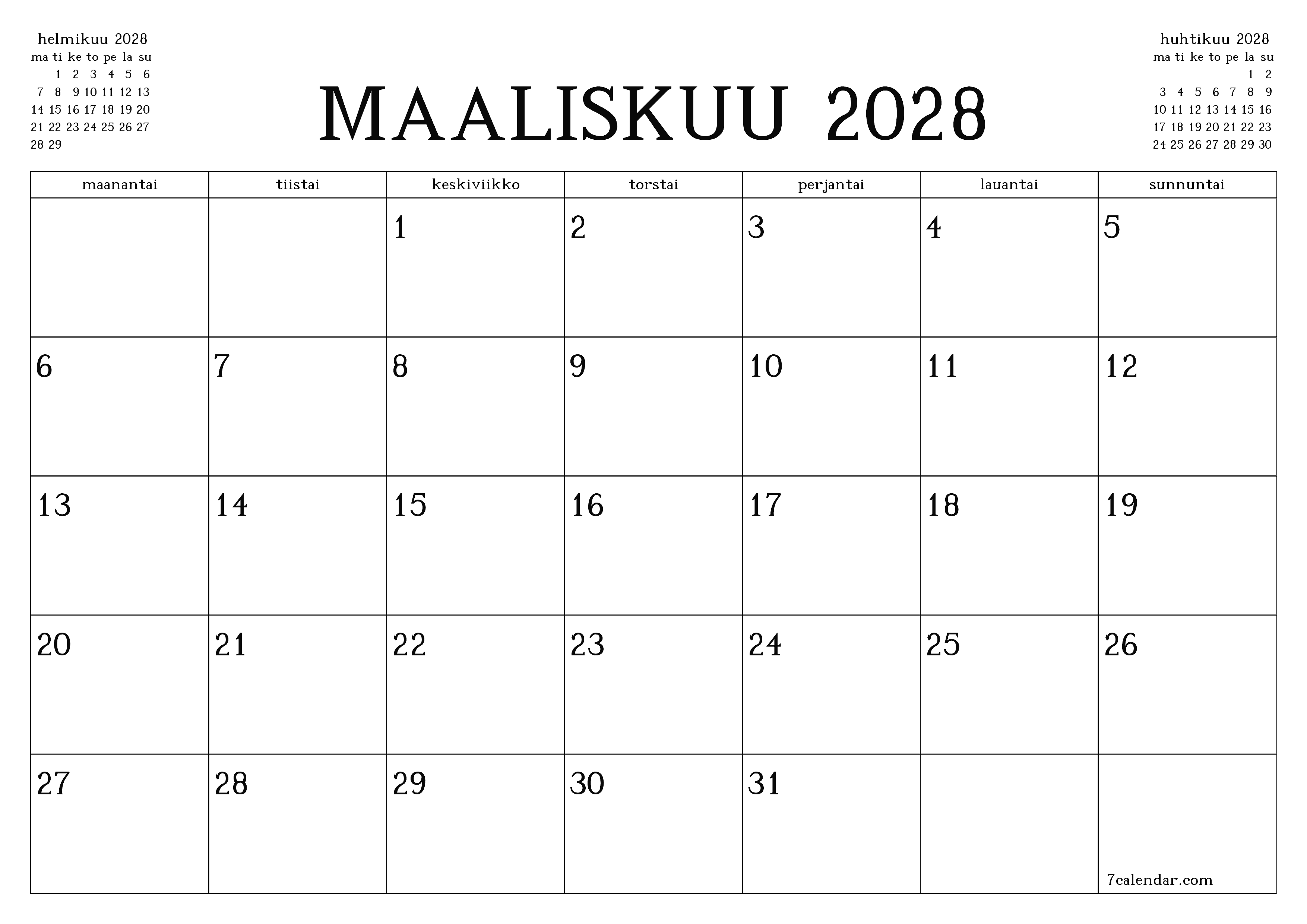 Tyhjennä kuukausittainen suunnittelija kuukaudelle Maaliskuu 2028 muistiinpanoilla, tallenna ja tulosta PDF-muotoon PNG Finnish