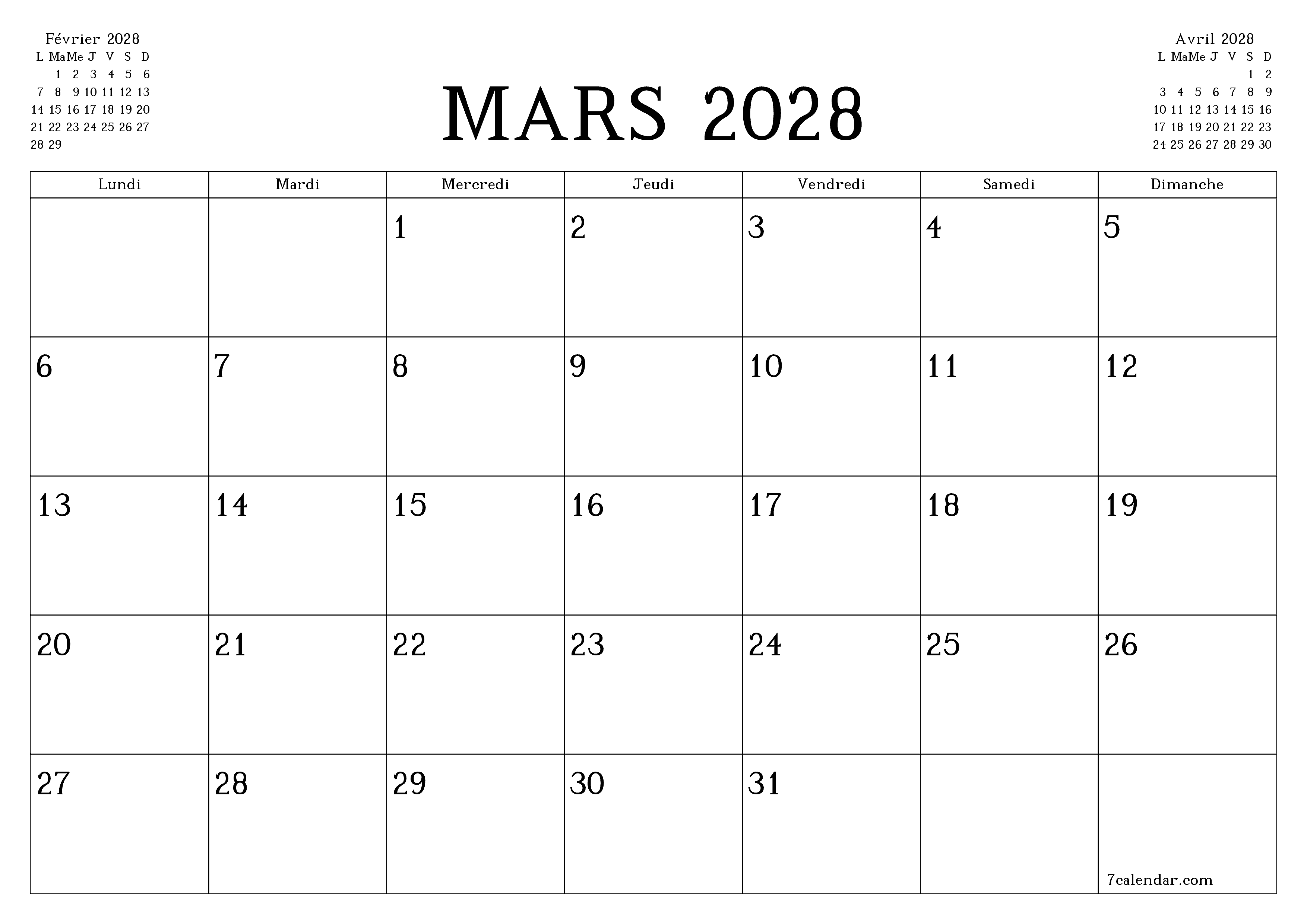 Agenda mensuel vide pour le mois Mars 2028 avec notes, enregistrez et imprimez au format PDF PNG French