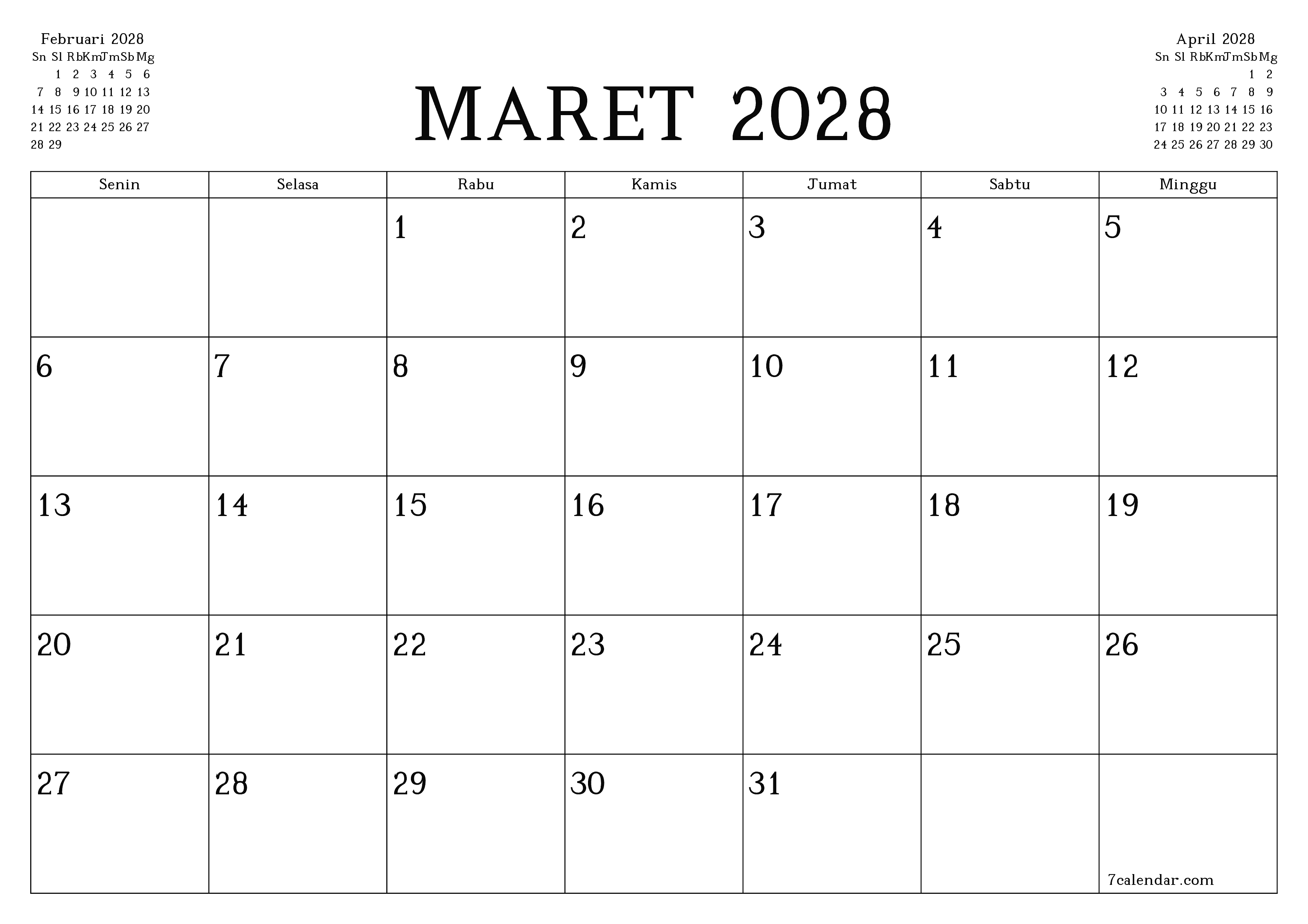Kosongkan agenda bulanan untuk bulan Maret 2028 dengan catatan, simpan dan cetak ke PDF PNG Indonesian