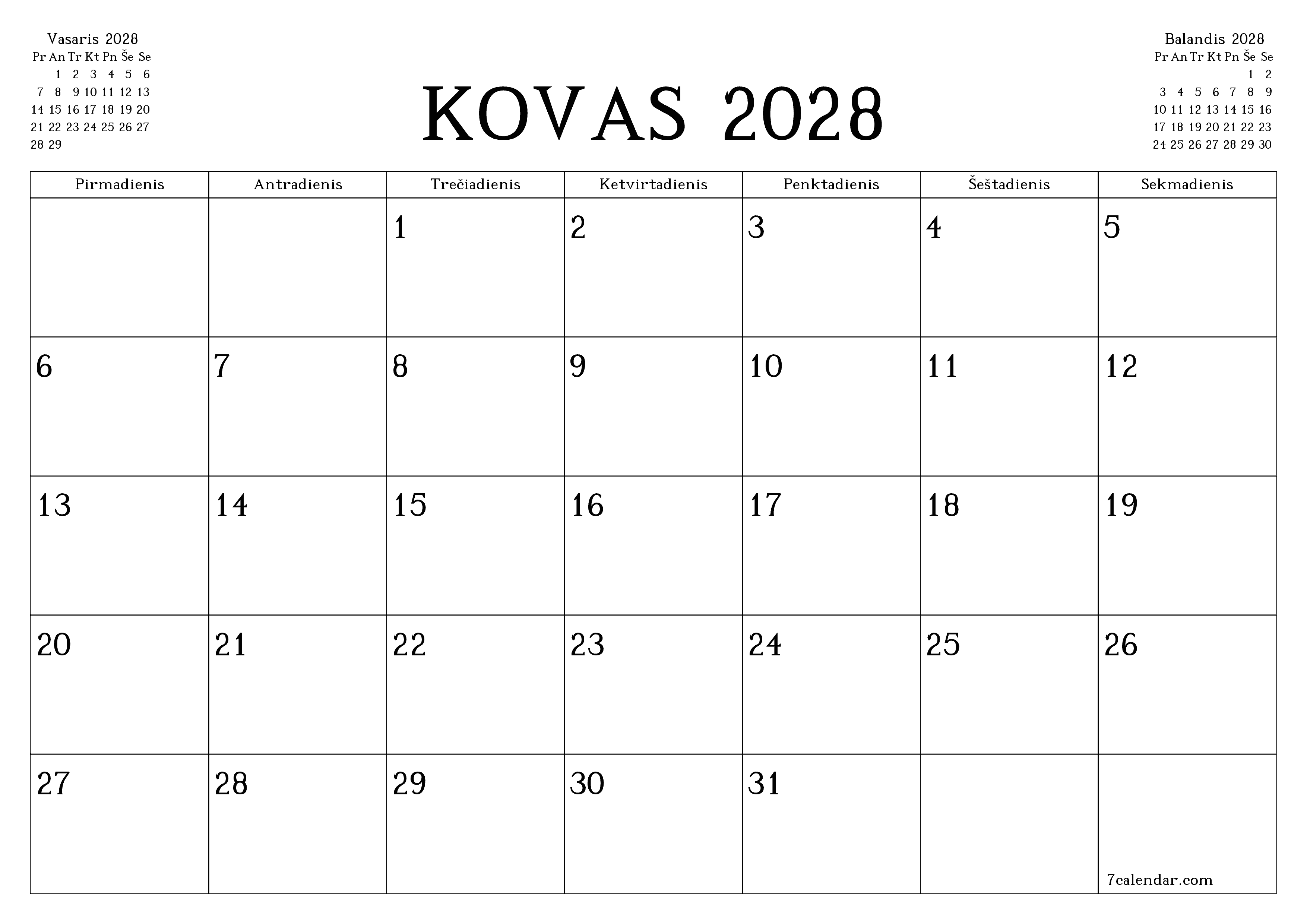 Ištuštinti mėnesio Kovas 2028 mėnesio planavimo priemonę su užrašais, išsaugoti ir atsispausdinti PDF formate PNG Lithuanian