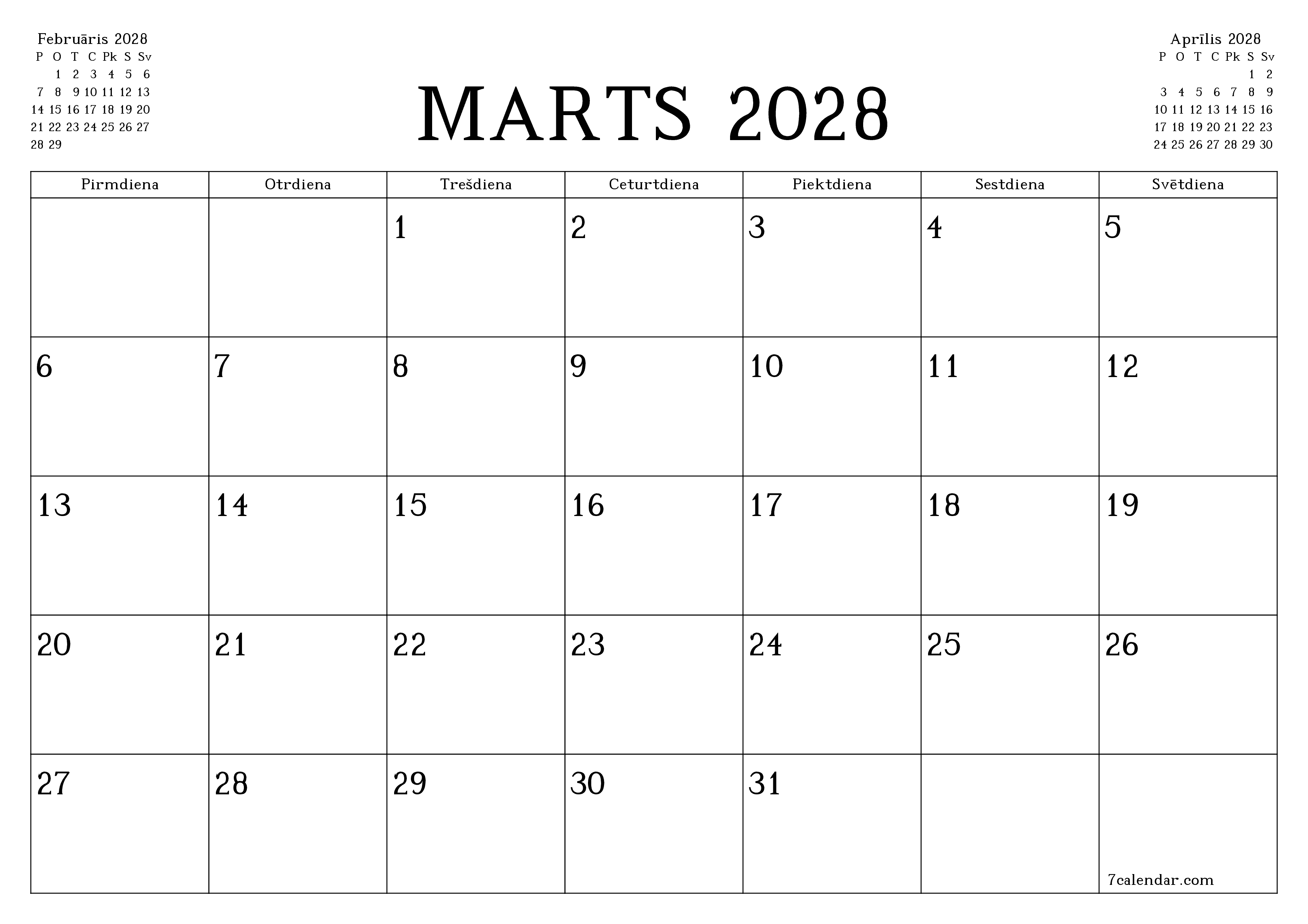 Iztukšot mēneša plānotāju mēnesim Marts 2028 ar piezīmēm, saglabāt un izdrukāt PDF formātā PNG Latvian
